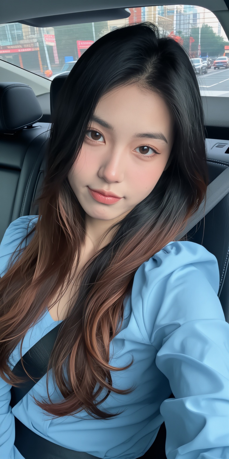 Create an image of a young woman sitting in the driver's seat of a car,  looking directly at the camera with a slight smil...