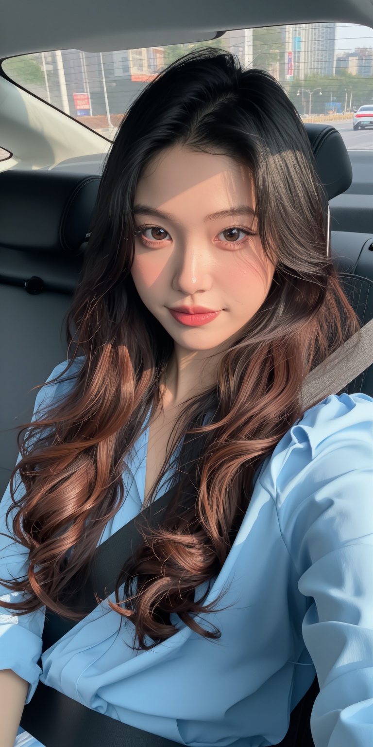 Create an image of a young woman sitting in the driver's seat of a car,  looking directly at the camera with a slight smil...