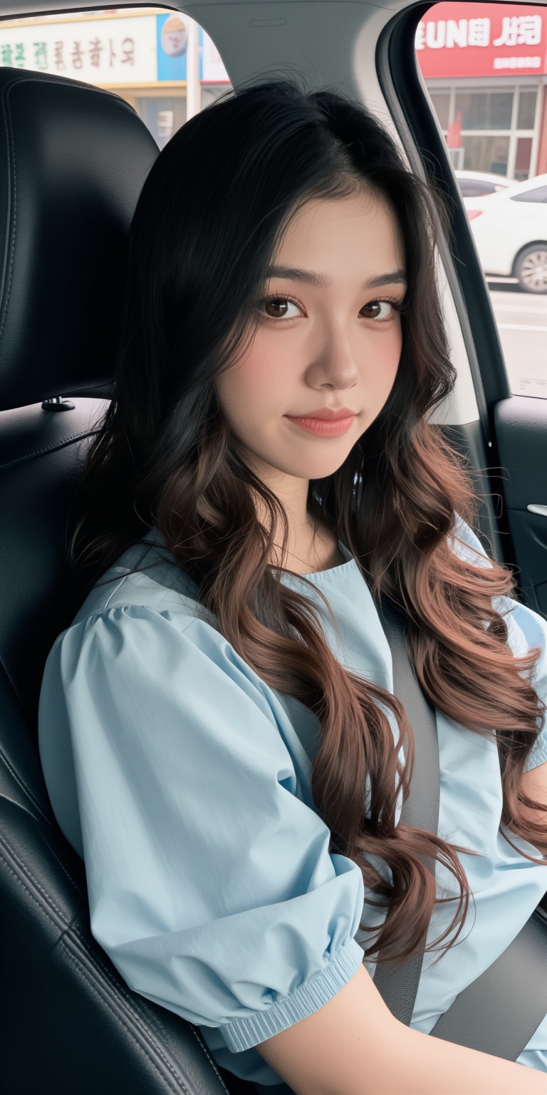 Create an image of a young woman sitting in the driver's seat of a car,  looking directly at the camera with a slight smil...