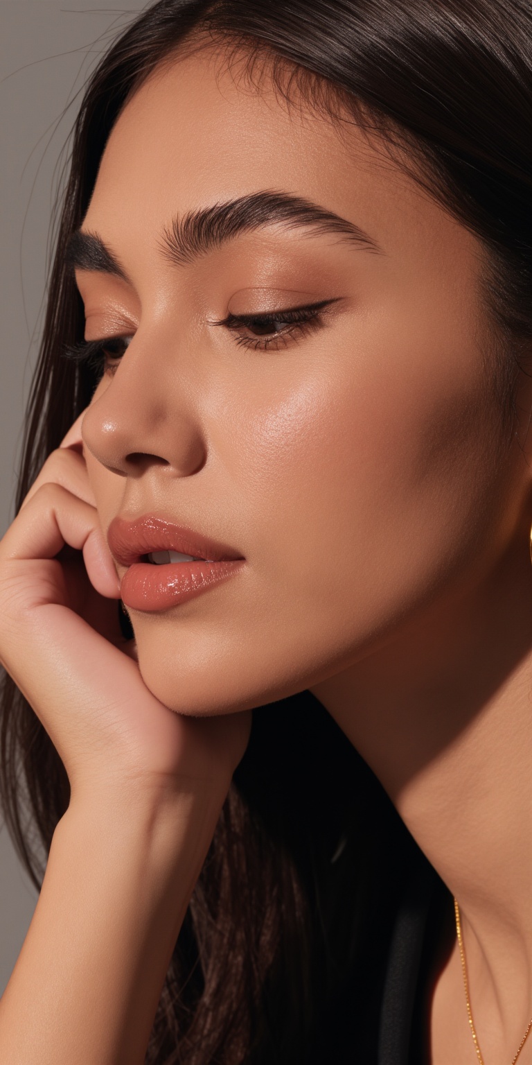a close-up portrait focusing on the face of a woman,  particularly her right profile. She has medium-dark,  smooth on Tens...