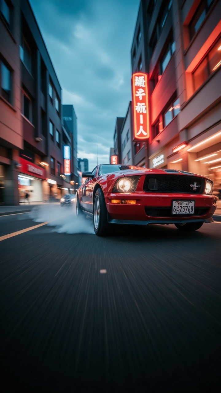 Cinematic action photography,  low-angle perspective,  wide-angle lens. High-contrast lighting with a cool-toned street at...