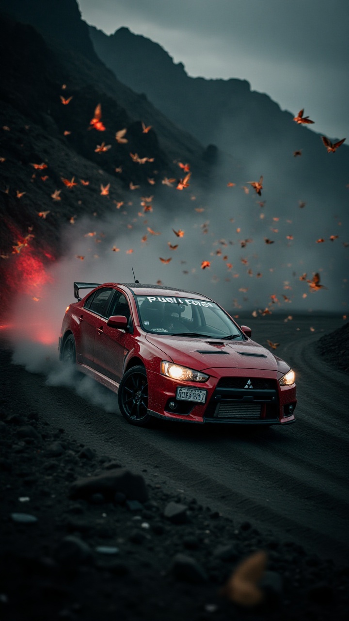 Create a dramatic scene where a rugged Mitsubishi Lancer Evo IX drifts on a road covered in volcanic ash. The car's bright...
