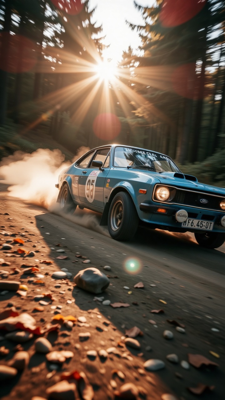 Photograph a classic Ford Escort RS1600 rally car sideways on a gravel forest road,  kicking up a storm of stones and dust...