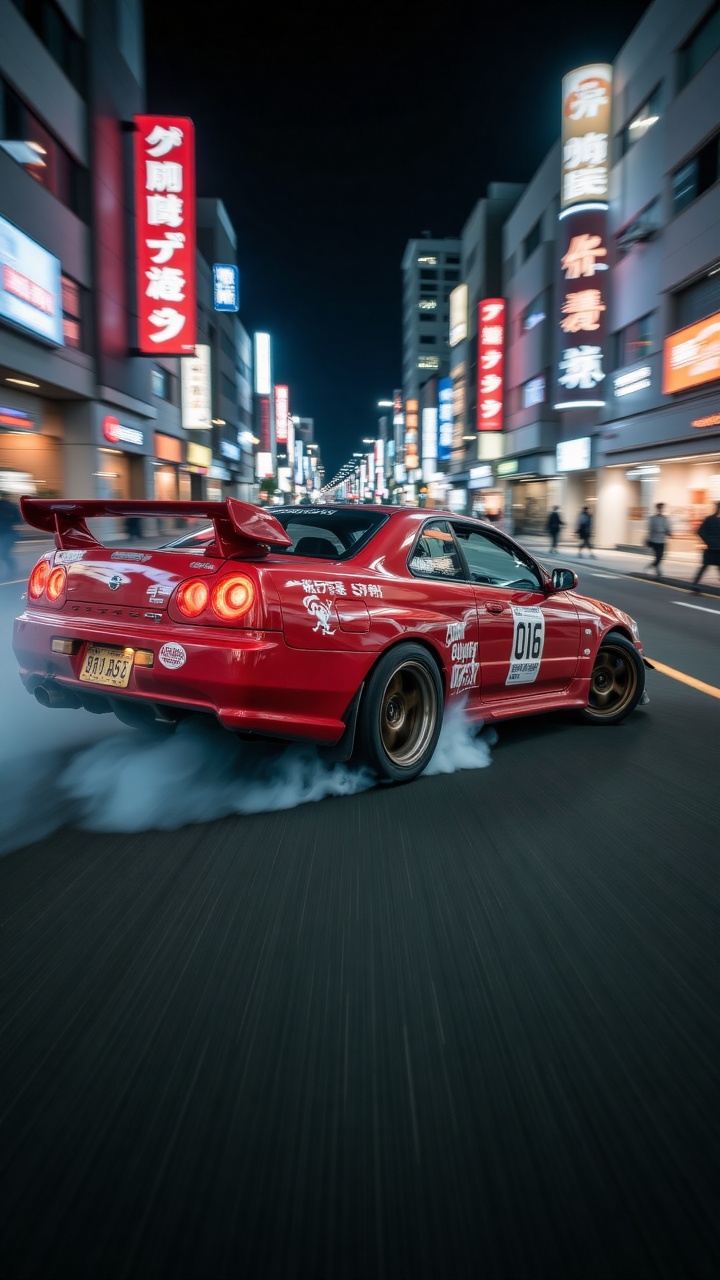A red modified Nissan Skyline R34 GT-R performing a high-speed drift on an urban asphalt road at night. The car features a...