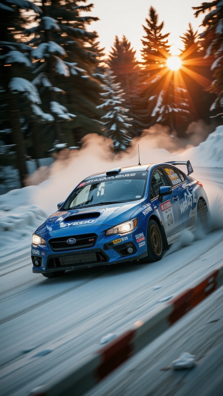 Create a photorealistic scene in 8k resolution featuring a rally-spec Subaru Impreza WRX STI executing a dramatic four-whe...