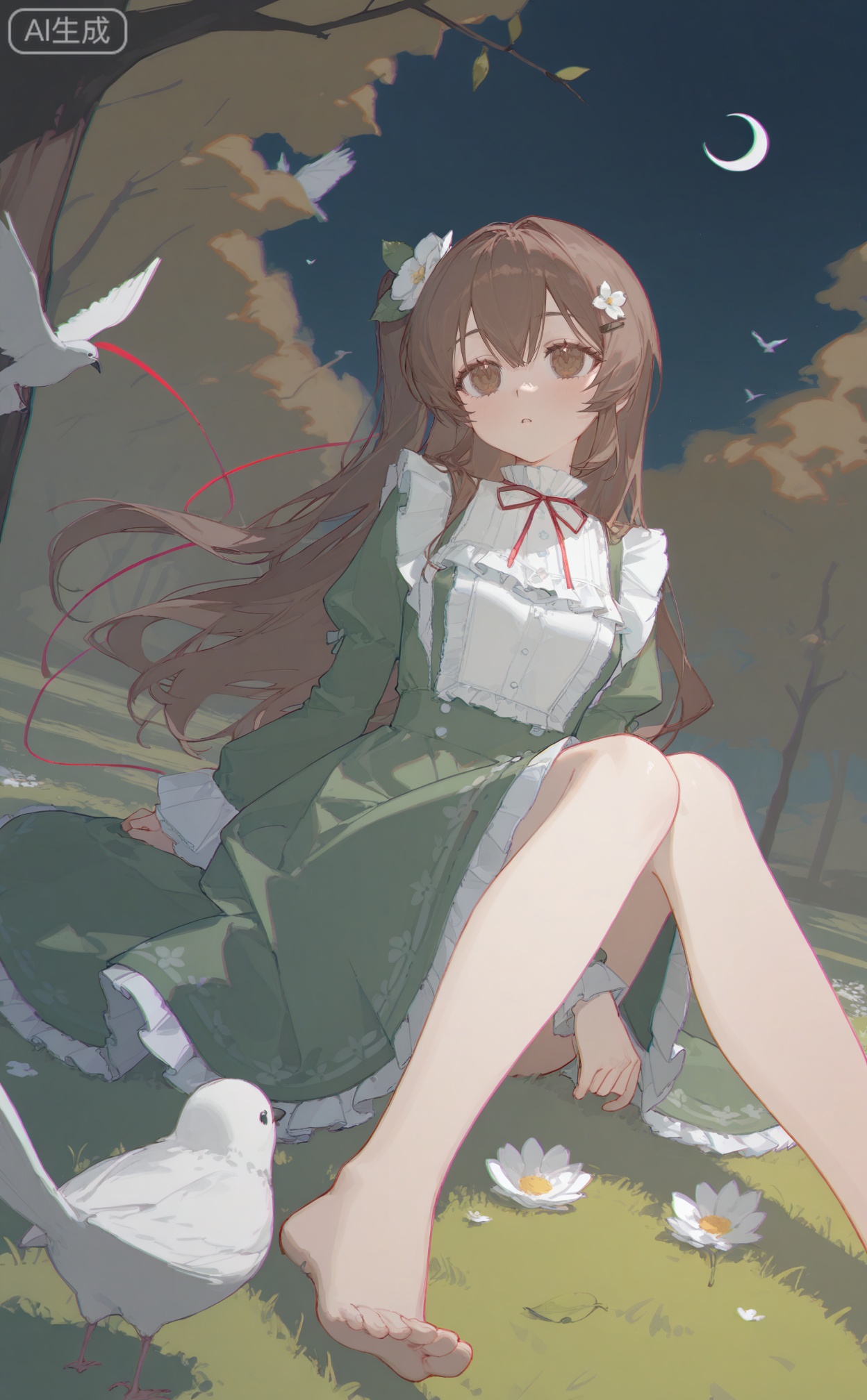 masterpiece,highres,absurdres,newest,best quality,high quality,chromatic_aberration,shiny_skin,dynamic pose,dynamic angle,00naieps10,
//,
1girl, solo, long hair, brown hair, hair ornament, long sleeves, dress, ribbon, brown eyes, sitting, full body, flower, frills, barefoot, hair flower, red ribbon, tree, bird, leaf, moon, grass, white flower, crescent, green dress, branch, crescent moon,
//,
(ciloranko:0.9),(wanke:0.5),(umehara_sei:1.2),(shiina_1001:0.8),(chiu538:0.7),(sakura_(39ra):0.6),(qizhu:0.88),(mikisai:0.5),