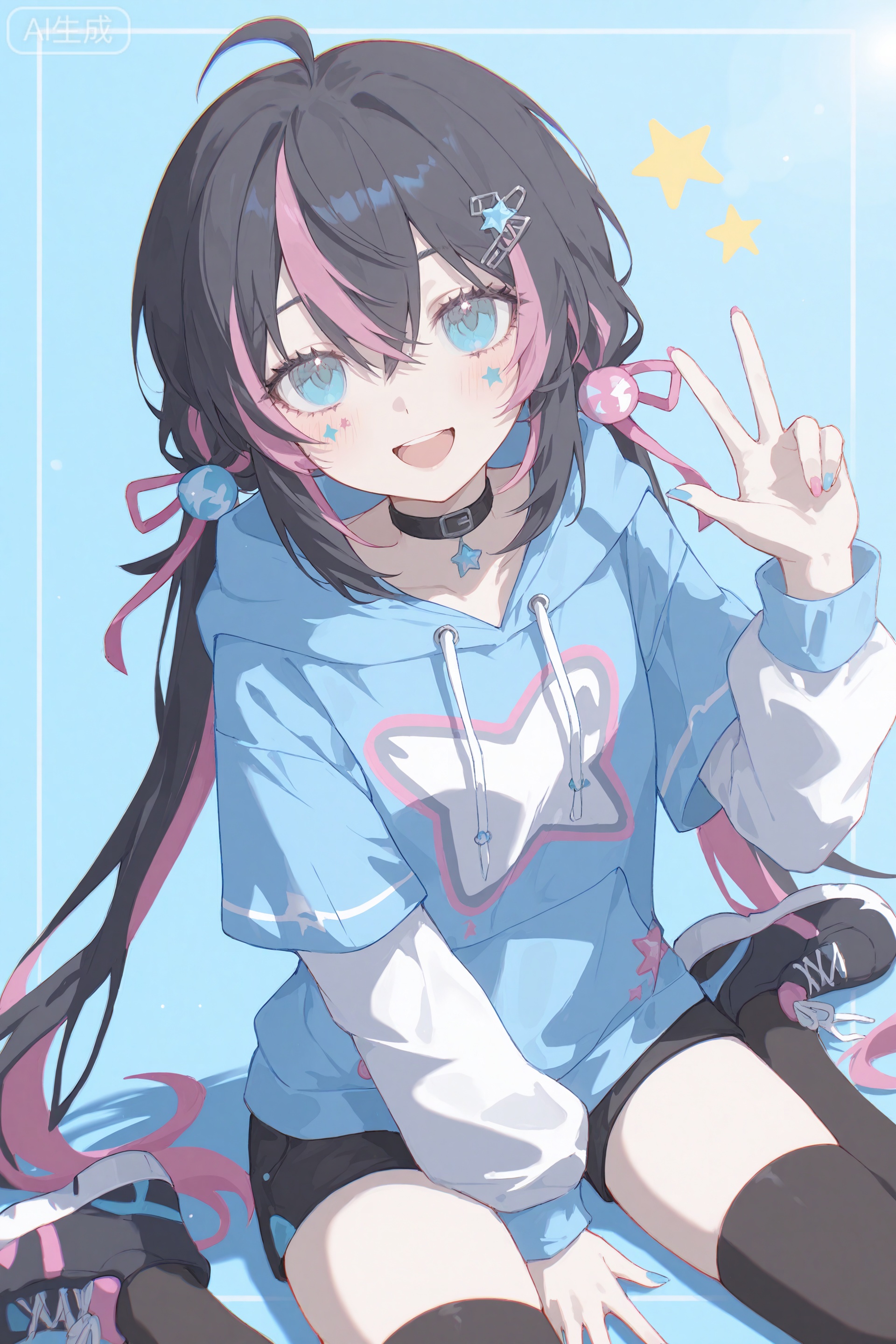 masterpiece,very aware,highres,absurdres,newest,best quality,high quality,petite,chromatic_aberration,lens_flare,dynamic_angle,cinematic_angle,//,00naieps10,artist:konya_karasue,//, 1girl, solo, blue eyes, thighhighs, twintails, smile, looking at viewer, long hair, black thighhighs, long sleeves, choker, multicolored hair, sitting, open mouth, nail polish, star (symbol), bangs, shoes, black hair, wariza, ahoge, black choker, blue hair, hand between legs, shorts, multicolored clothes, pink hair, jacket, hair between eyes, low twintails, v, between legs, blush, black footwear, blue nails, hand up, blue jacket, sneakers, hood, :d, hoodie, border, ribbon, puffy sleeves, puffy long sleeves, black shorts, streaked hair, multicolored jacket, hair ribbon, layered sleeves, pink nails, blue border, hood down, virtual youtuber, blue hoodie, w, blue background, facial mark, drawstring, two-tone hair, short over long sleeves, short shorts, hair ornament, eyelashes, framed, crossed bangs, very long hair, facial tattoo, multicolored nails, outside border, sidelocks, short sleeves, sparkle, shirt,