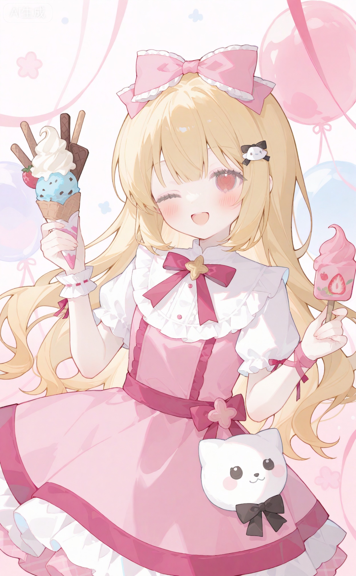00naieps10, 1girl, solo, long hair, looking at viewer, blush, smile, open mouth, blonde hair, hair ornament, red eyes, dress, bow, ribbon, flower, hair bow, frills, one eye closed, food, stuffed toy, frilled dress, ;d, candy, pink dress, ice cream, ice cream cone, too many