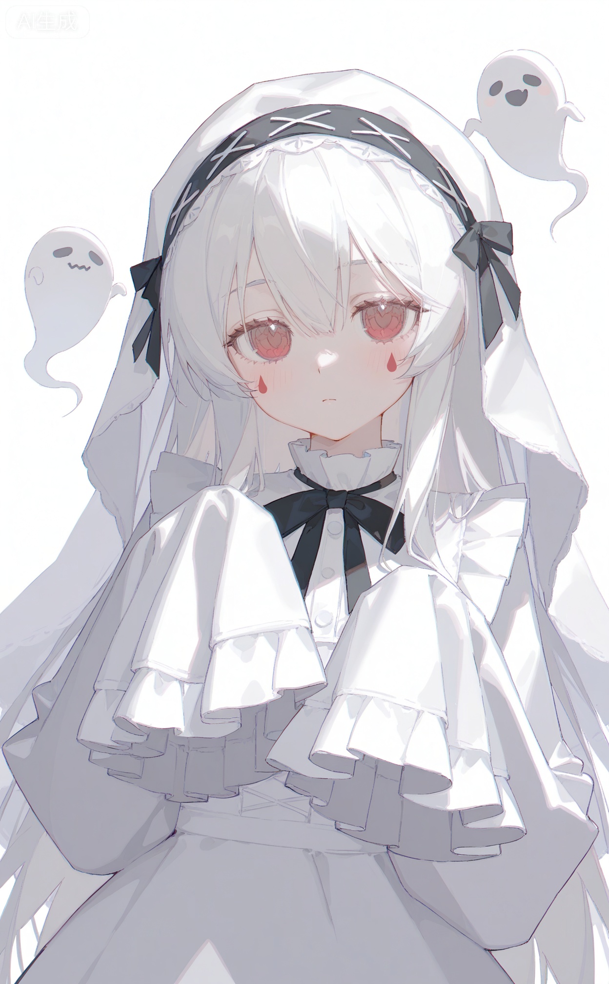 masterpiece,highres,absurdres,newest,best quality,high quality,chromatic_aberration,shiny_skin,00naieps10,
//,
1girl, red eyes, long hair, solo, looking at viewer, sleeves past wrists, dress, white dress, veil, white hair, long sleeves, sleeves past fingers, white theme, upper body, ghost costume, facial mark, closed mouth, black ribbon, blush, hair between eyes, frills, expressionless, white background, ghost, frilled sleeves, sidelocks, hands up, simple background, grey theme, ribbon
//,
(ciloranko:0.9),(wanke:0.5),(umehara_sei:1.2),(shiina_1001:0.8),(chiu538:0.7),(sakura_(39ra):0.6),(qizhu:0.88),(mikisai:0.5),