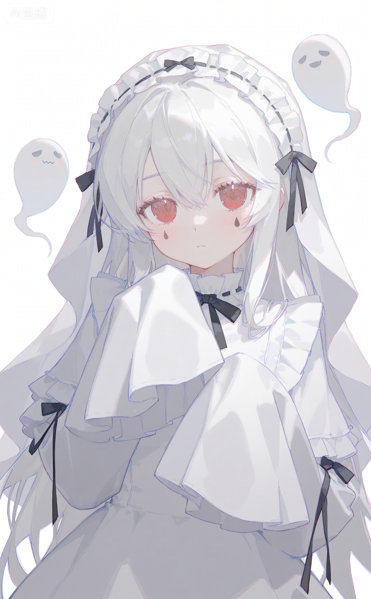 masterpiece,highres,absurdres,newest,best quality,high quality,chromatic_aberration,shiny_skin,00naieps10,
//,
1girl, red eyes, long hair, solo, looking at viewer, sleeves past wrists, dress, white dress, veil, white hair, long sleeves, sleeves past fingers, white theme, upper body, ghost costume, facial mark, closed mouth, black ribbon, blush, hair between eyes, frills, expressionless, white background, ghost, frilled sleeves, sidelocks, hands up, simple background, grey theme, ribbon
//,
(ciloranko:0.9),(wanke:0.5),(umehara_sei:1.2),(shiina_1001:0.8),(chiu538:0.7),(sakura_(39ra):0.6),(qizhu:0.88),(mikisai:0.5),