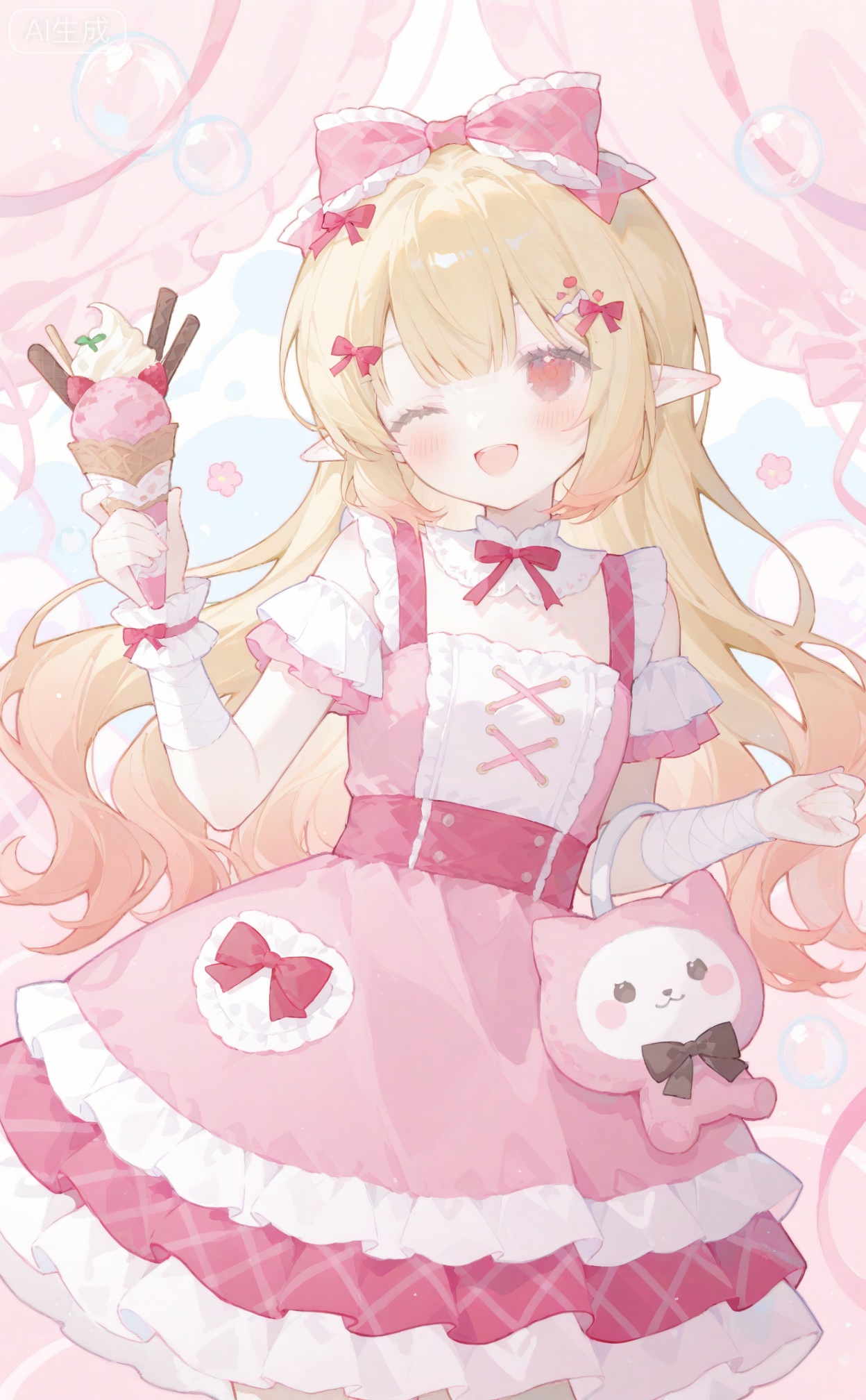 00naieps10, 1girl, solo, long hair, looking at viewer, blush, smile, open mouth, blonde hair, hair ornament, red eyes, dress, bow, ribbon, flower, hair bow, frills, one eye closed, food, stuffed toy, frilled dress, ;d, candy, pink dress, ice cream, ice cream cone, too many