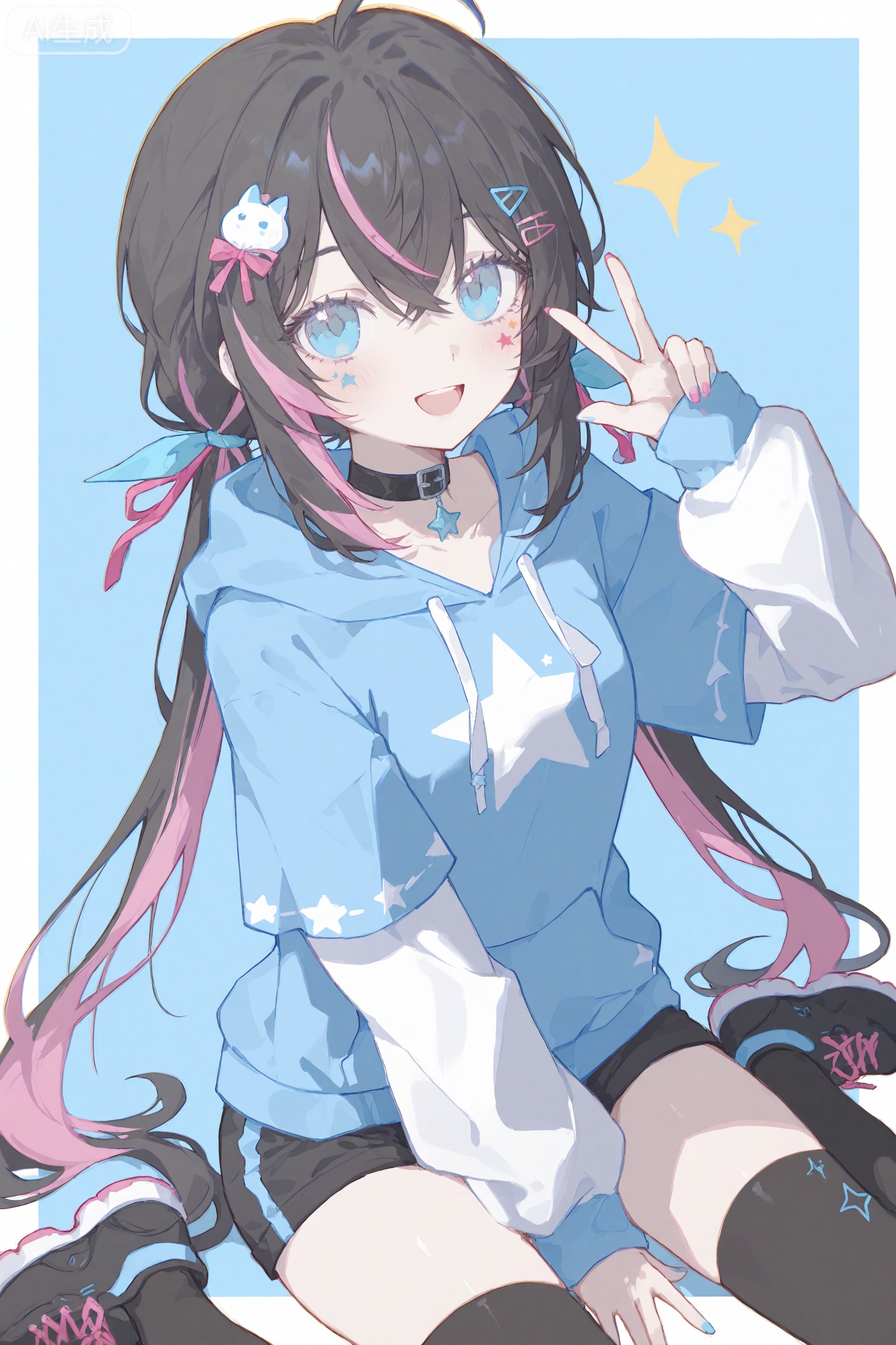 masterpiece,very aware,highres,absurdres,newest,best quality,high quality,petite,chromatic_aberration,lens_flare,dynamic_angle,cinematic_angle,//,00naieps10,artist:konya_karasue,//, 1girl, solo, blue eyes, thighhighs, twintails, smile, looking at viewer, long hair, black thighhighs, long sleeves, choker, multicolored hair, sitting, open mouth, nail polish, star (symbol), bangs, shoes, black hair, wariza, ahoge, black choker, blue hair, hand between legs, shorts, multicolored clothes, pink hair, jacket, hair between eyes, low twintails, v, between legs, blush, black footwear, blue nails, hand up, blue jacket, sneakers, hood, :d, hoodie, border, ribbon, puffy sleeves, puffy long sleeves, black shorts, streaked hair, multicolored jacket, hair ribbon, layered sleeves, pink nails, blue border, hood down, virtual youtuber, blue hoodie, w, blue background, facial mark, drawstring, two-tone hair, short over long sleeves, short shorts, hair ornament, eyelashes, framed, crossed bangs, very long hair, facial tattoo, multicolored nails, outside border, sidelocks, short sleeves, sparkle, shirt,
