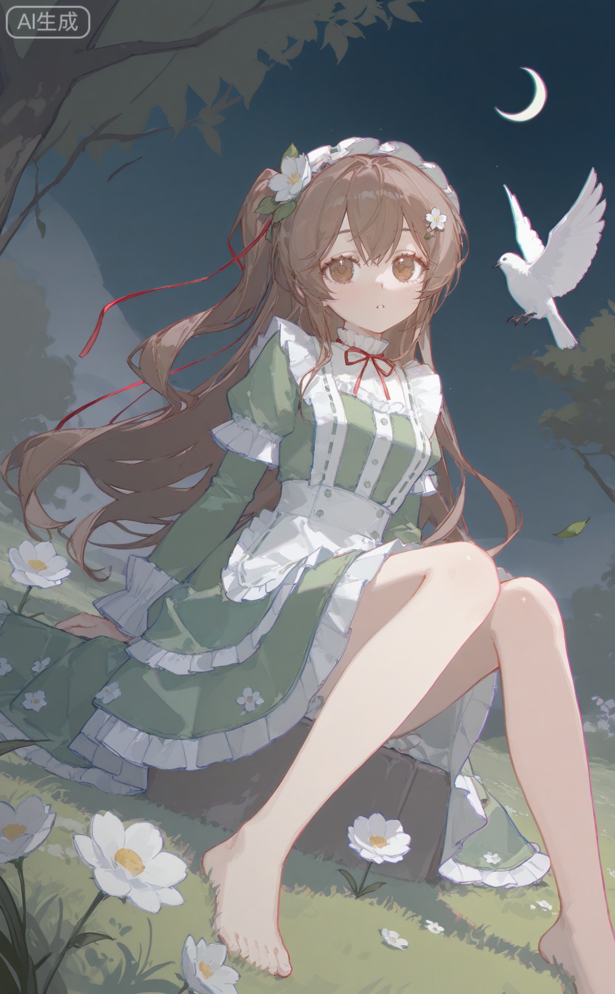 masterpiece,highres,absurdres,newest,best quality,high quality,chromatic_aberration,shiny_skin,dynamic pose,dynamic angle,00naieps10,
//,
1girl, solo, long hair, brown hair, hair ornament, long sleeves, dress, ribbon, brown eyes, sitting, full body, flower, frills, barefoot, hair flower, red ribbon, tree, bird, leaf, moon, grass, white flower, crescent, green dress, branch, crescent moon,
//,
(ciloranko:0.9),(wanke:0.5),(umehara_sei:1.2),(shiina_1001:0.8),(chiu538:0.7),(sakura_(39ra):0.6),(qizhu:0.88),(mikisai:0.5),