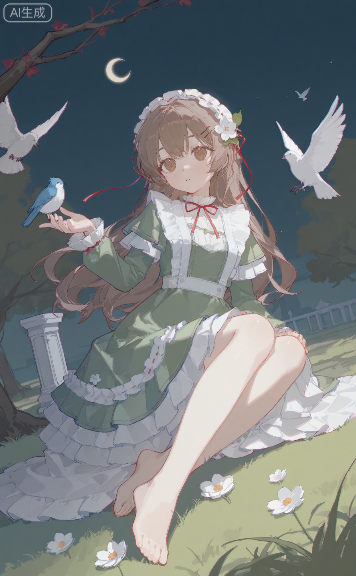 masterpiece,highres,absurdres,newest,best quality,high quality,chromatic_aberration,shiny_skin,dynamic pose,dynamic angle,00naieps10,
//,
1girl, solo, long hair, brown hair, hair ornament, long sleeves, dress, ribbon, brown eyes, sitting, full body, flower, frills, barefoot, hair flower, red ribbon, tree, bird, leaf, moon, grass, white flower, crescent, green dress, branch, crescent moon,
//,
(ciloranko:0.9),(wanke:0.5),(umehara_sei:1.2),(shiina_1001:0.8),(chiu538:0.7),(sakura_(39ra):0.6),(qizhu:0.88),(mikisai:0.5),