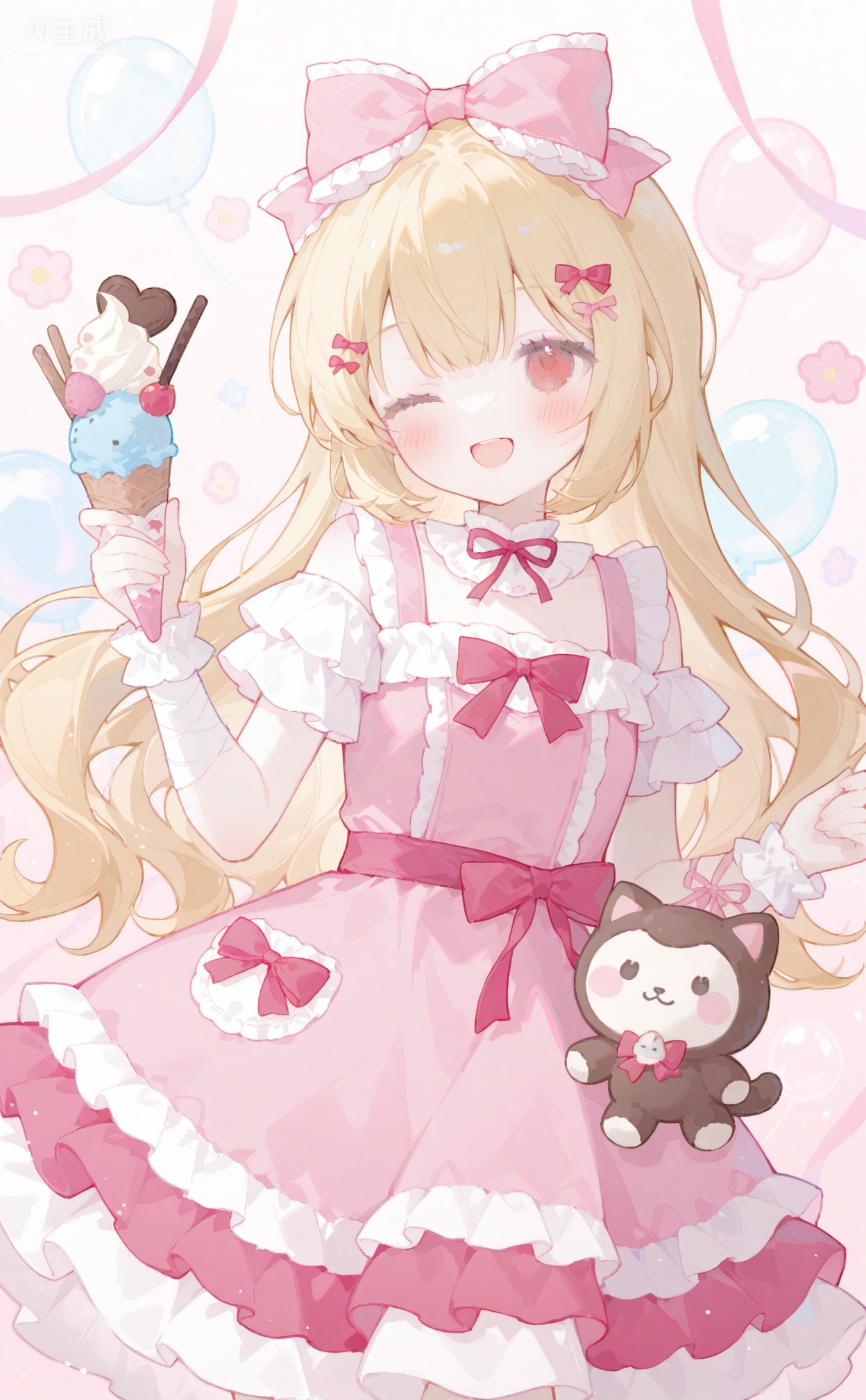 00naieps10, 1girl, solo, long hair, looking at viewer, blush, smile, open mouth, blonde hair, hair ornament, red eyes, dress, bow, ribbon, flower, hair bow, frills, one eye closed, food, stuffed toy, frilled dress, ;d, candy, pink dress, ice cream, ice cream cone, too many