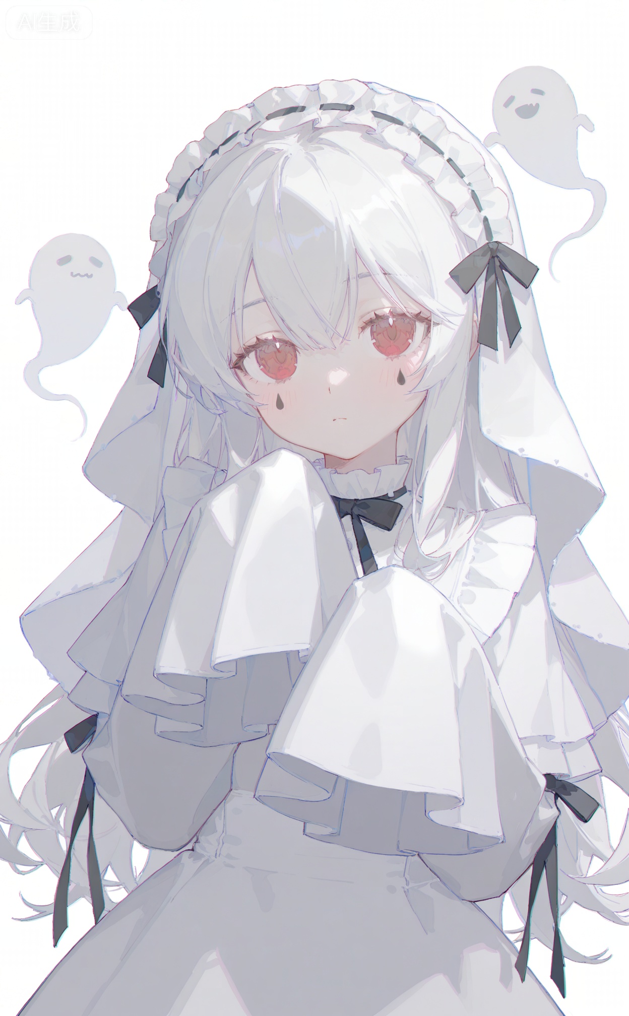 masterpiece,highres,absurdres,newest,best quality,high quality,chromatic_aberration,shiny_skin,00naieps10,
//,
1girl, red eyes, long hair, solo, looking at viewer, sleeves past wrists, dress, white dress, veil, white hair, long sleeves, sleeves past fingers, white theme, upper body, ghost costume, facial mark, closed mouth, black ribbon, blush, hair between eyes, frills, expressionless, white background, ghost, frilled sleeves, sidelocks, hands up, simple background, grey theme, ribbon
//,
(ciloranko:0.9),(wanke:0.5),(umehara_sei:1.2),(shiina_1001:0.8),(chiu538:0.7),(sakura_(39ra):0.6),(qizhu:0.88),(mikisai:0.5),
