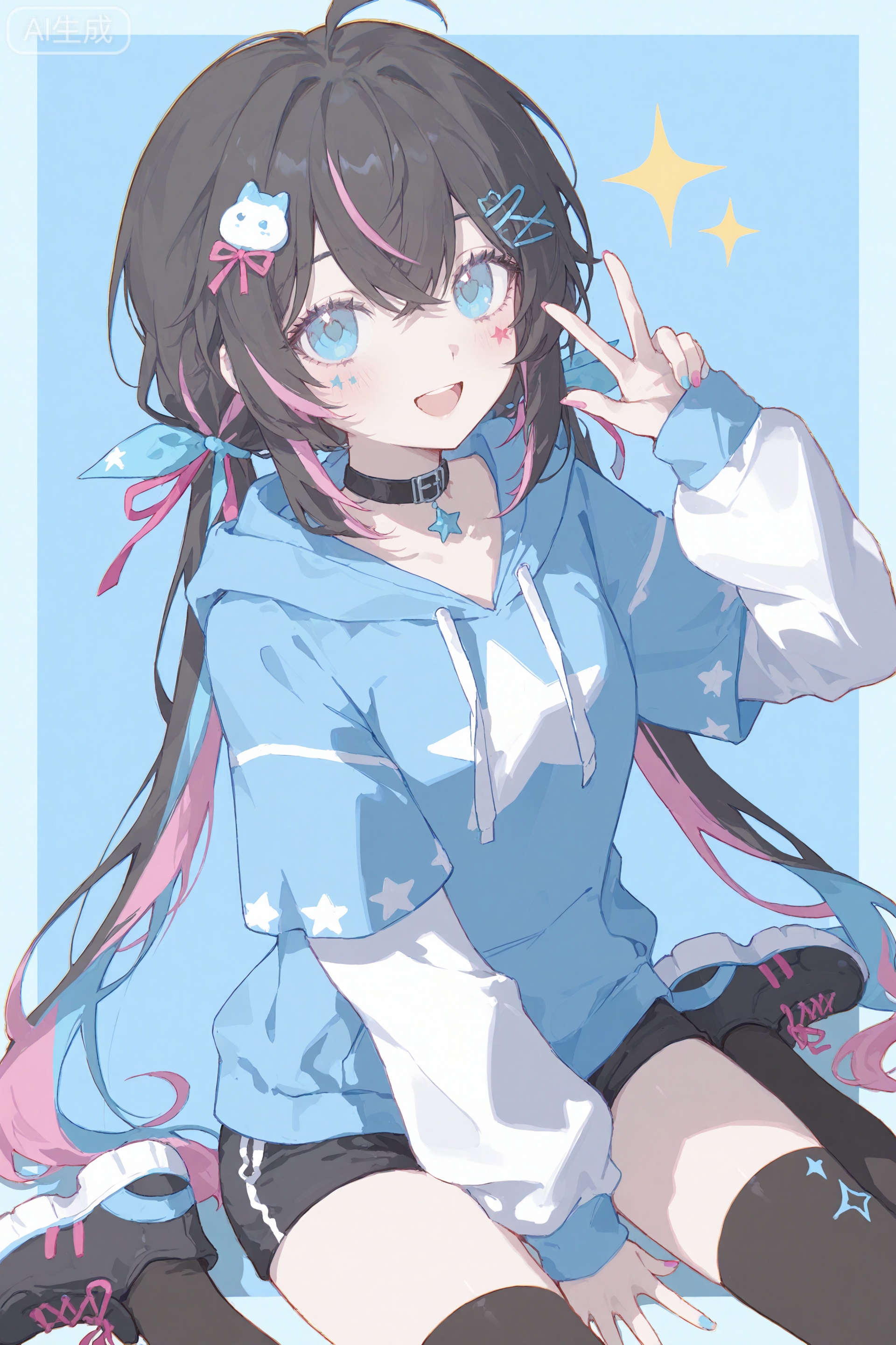 masterpiece,very aware,highres,absurdres,newest,best quality,high quality,petite,chromatic_aberration,lens_flare,dynamic_angle,cinematic_angle,//,00naieps10,artist:konya_karasue,//, 1girl, solo, blue eyes, thighhighs, twintails, smile, looking at viewer, long hair, black thighhighs, long sleeves, choker, multicolored hair, sitting, open mouth, nail polish, star (symbol), bangs, shoes, black hair, wariza, ahoge, black choker, blue hair, hand between legs, shorts, multicolored clothes, pink hair, jacket, hair between eyes, low twintails, v, between legs, blush, black footwear, blue nails, hand up, blue jacket, sneakers, hood, :d, hoodie, border, ribbon, puffy sleeves, puffy long sleeves, black shorts, streaked hair, multicolored jacket, hair ribbon, layered sleeves, pink nails, blue border, hood down, virtual youtuber, blue hoodie, w, blue background, facial mark, drawstring, two-tone hair, short over long sleeves, short shorts, hair ornament, eyelashes, framed, crossed bangs, very long hair, facial tattoo, multicolored nails, outside border, sidelocks, short sleeves, sparkle, shirt,