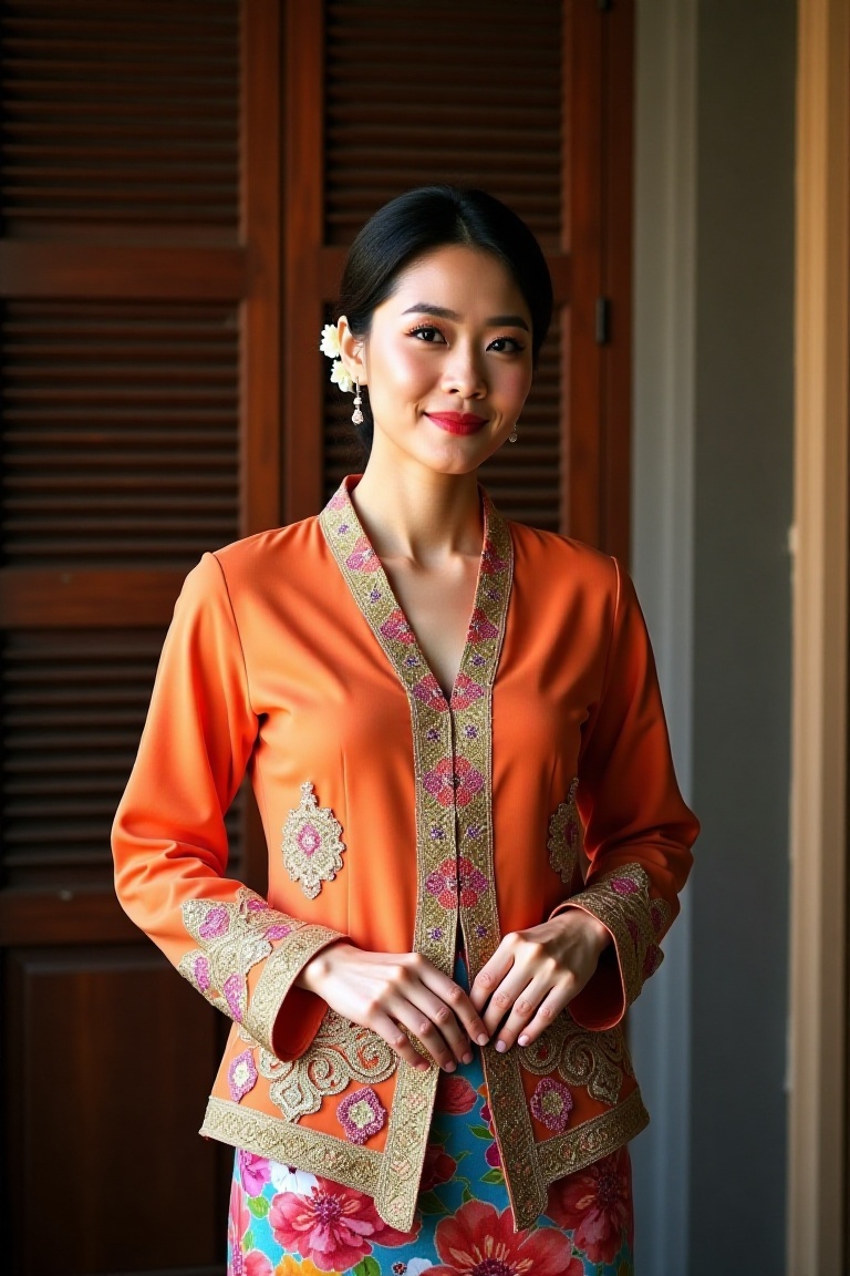 a woman wearing a traditional kebaya,  effortless pose,  intricate details on Tensor.Art