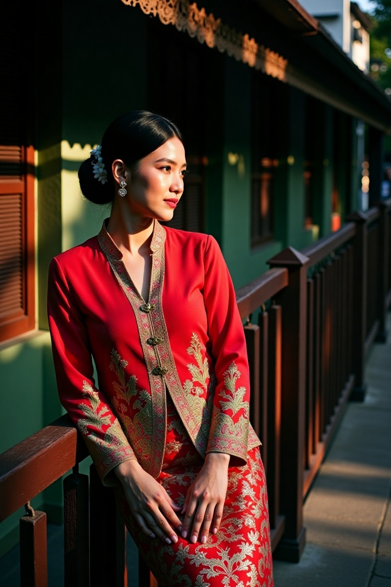 a woman wearing a traditional kebaya,  sits on the lean on the fence,  shadows on Tensor.Art