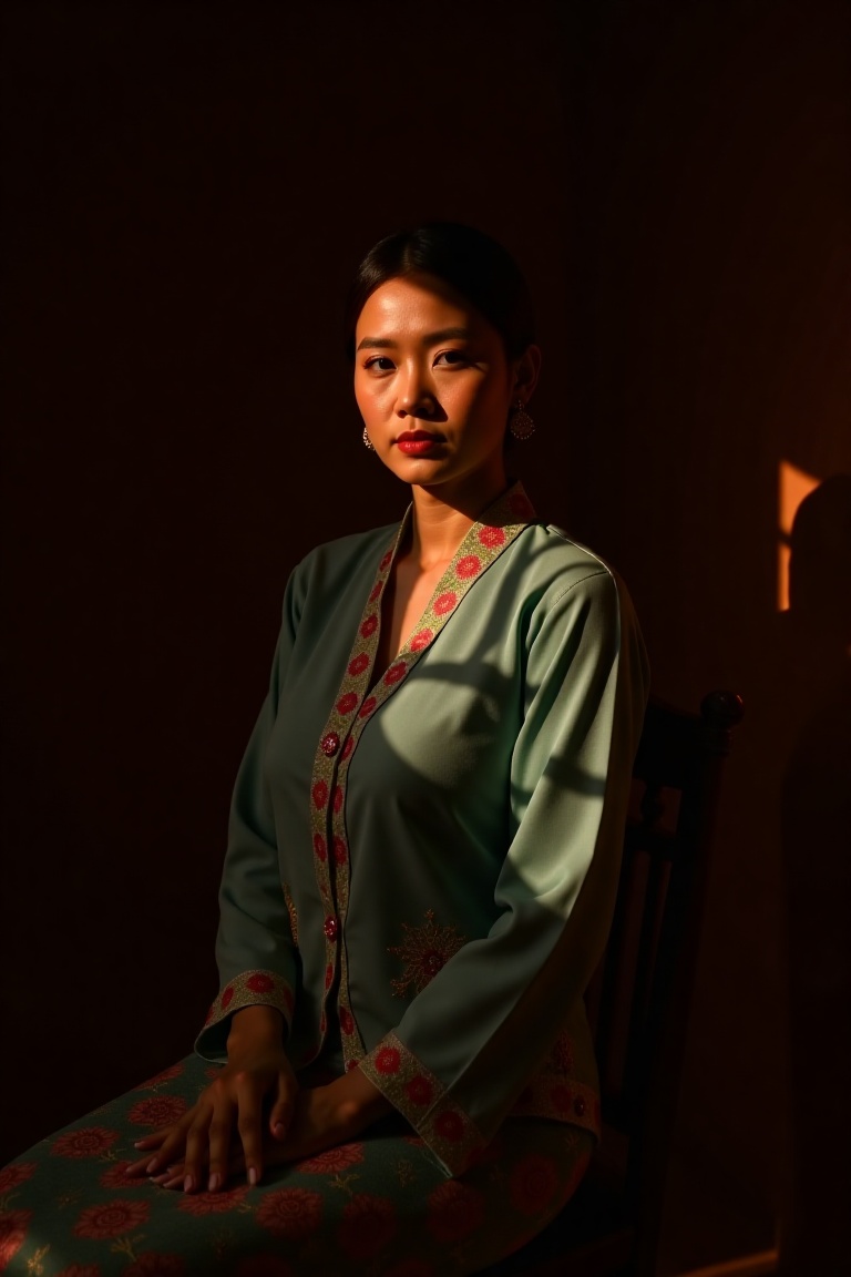 a woman wearing a traditional kebaya,  sits on the wooden chair,  shadows on Tensor.Art