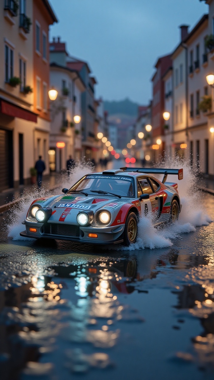 An iconic European rally car (e.g.,  Lancia Stratos) on a wet city street at dusk,  tires kicking up massive spray on Tens...