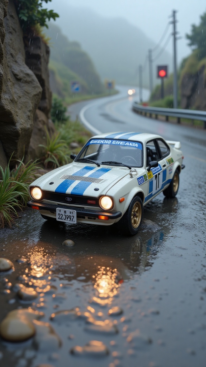 A high-angle,  slightly front-quarter shot of a miniature classic Subaru Impreza 22B STi as it powers through a corner. Ra...