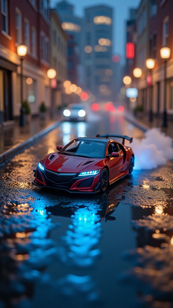 A cinematic shot from a drone,  looking directly down at a miniature classic Honda NSX performing a perfect drift. The car...