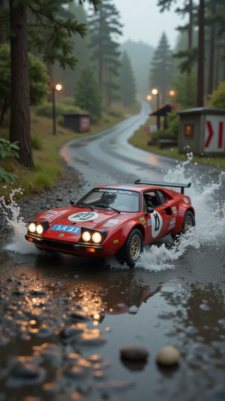 A side profile shot of a miniature classic Lancia Stratos rally car in mid-drift. The camera is positioned low to the grou...