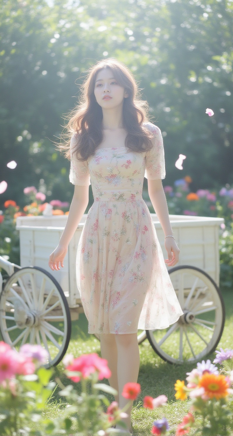 A soft focus captures a young woman with long,  flowing hair,  her body lean and graceful. She stands in an effortless pos...