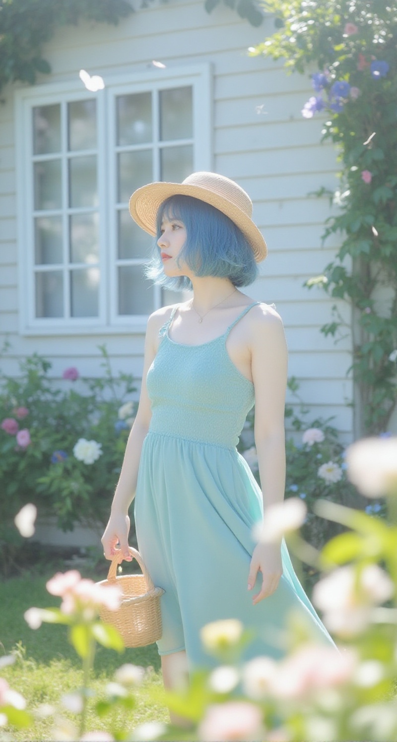 close-up soft focus of a young woman,  blue bob cut hair,  lean on Tensor.Art