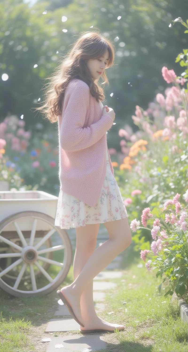 A soft focus captures a young woman with long,  flowing hair,  her body lean and graceful. She wears a pink cardigan with...