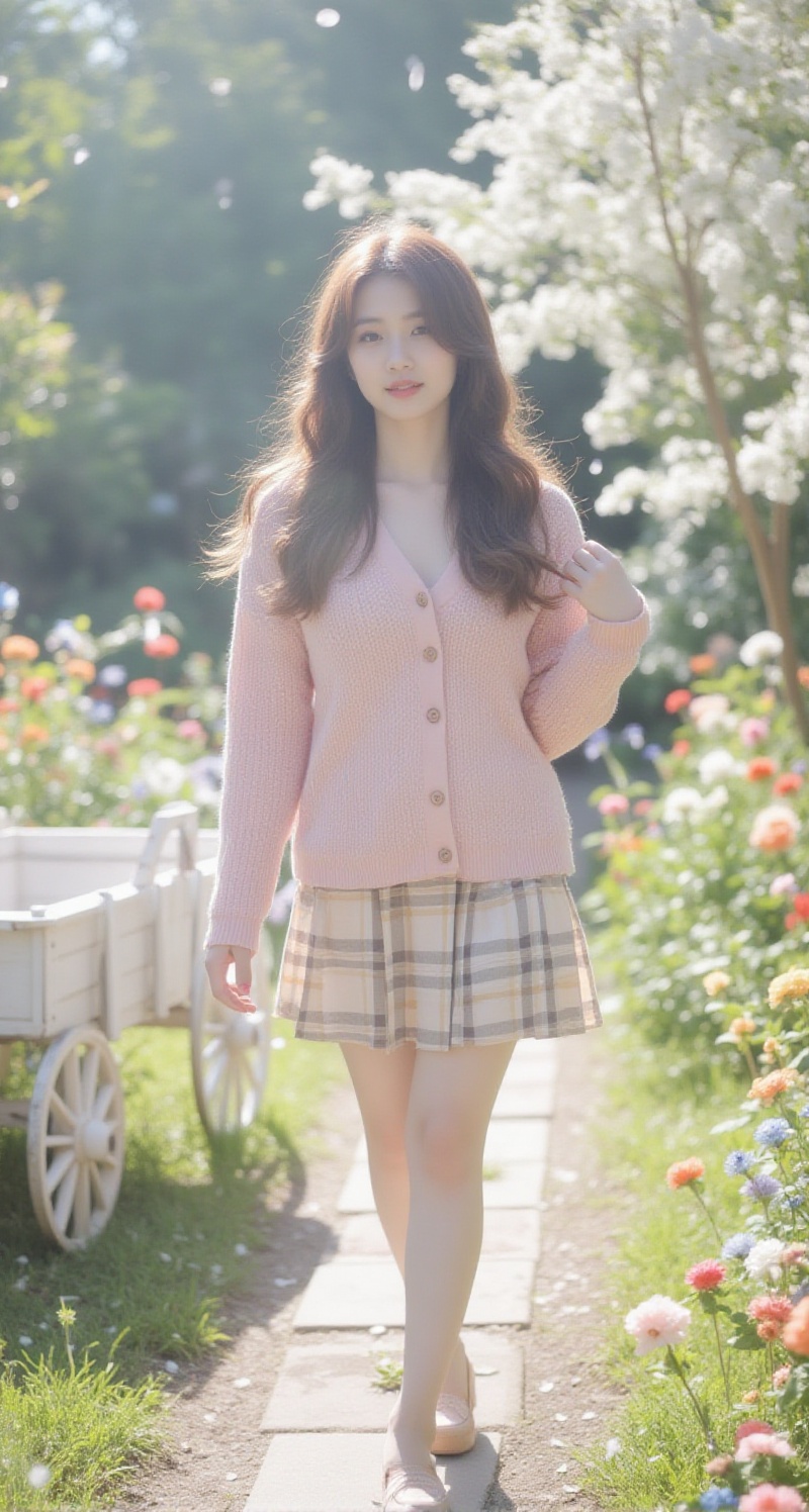 A soft focus captures a young woman with long,  flowing hair,  her body lean and graceful. She wears a pink cardigan with...