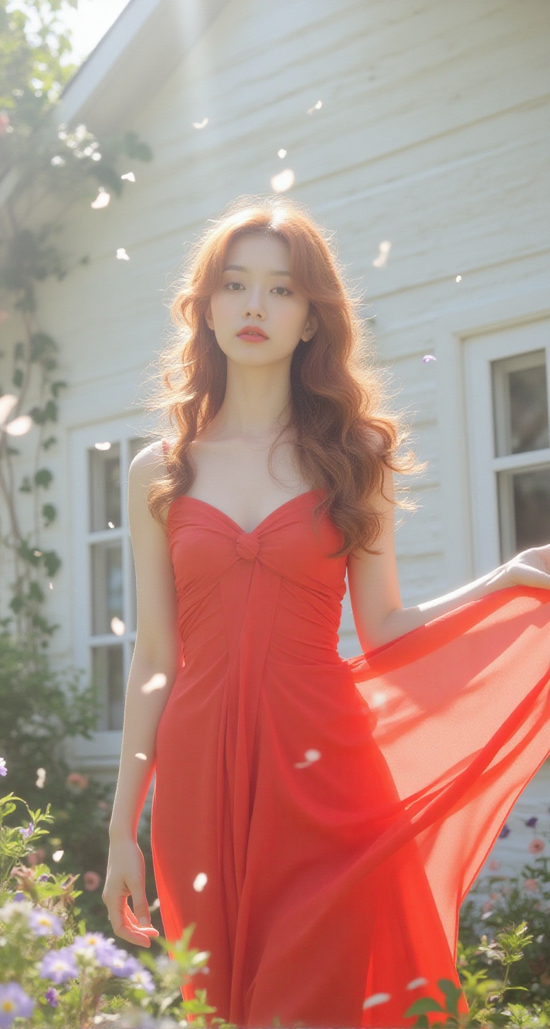 Close-up soft focus of a young woman with red long hair,  lean and graceful,  standing in a bright garden illuminated by s...
