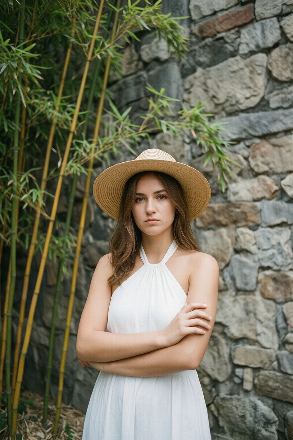 a young woman standing in front of a stone wall with bamboo plants in the background. She is wearing a white dress with a...