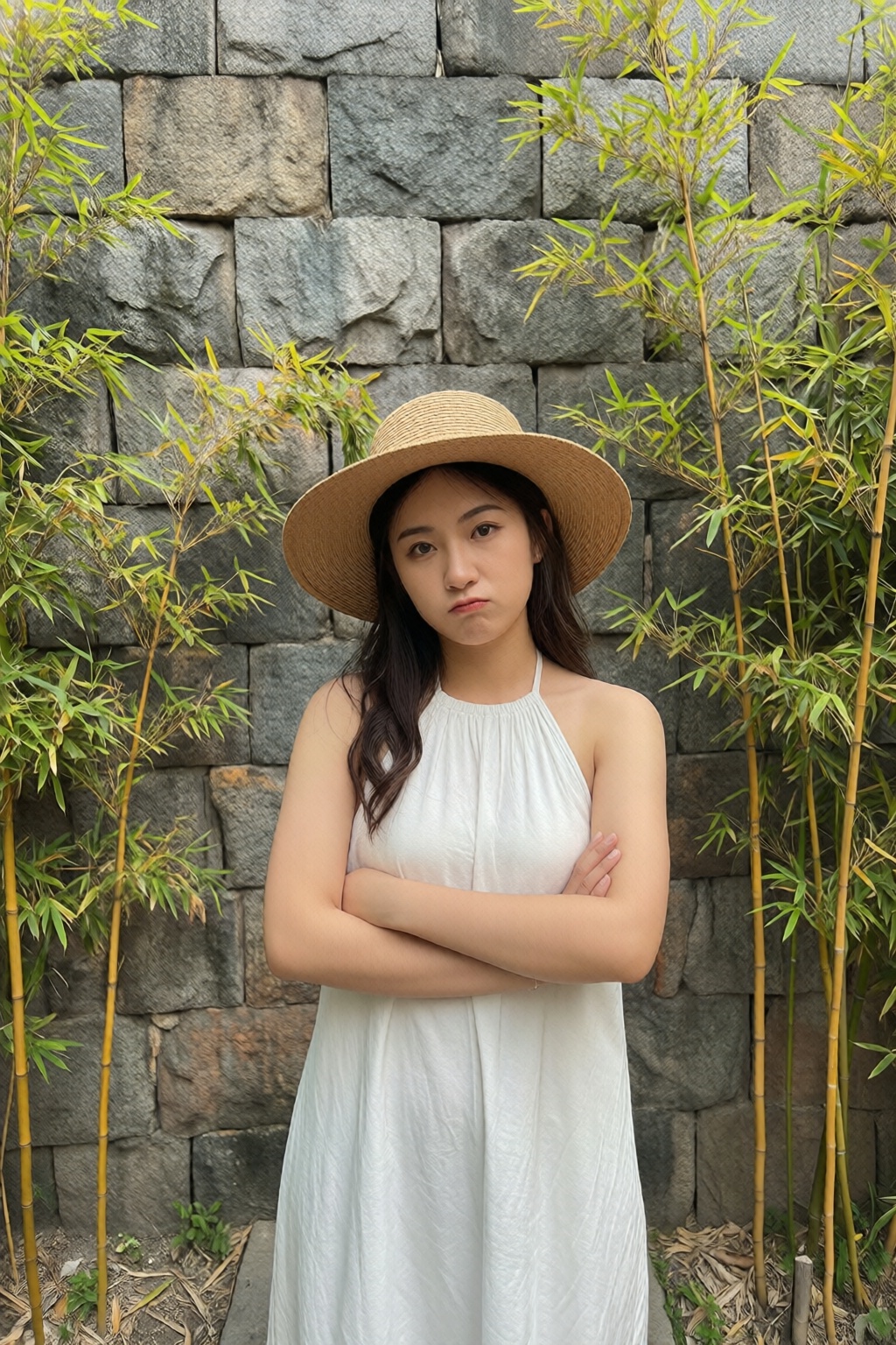 a young woman standing in front of a stone wall with bamboo plants in the background. She is wearing a white dress with a...