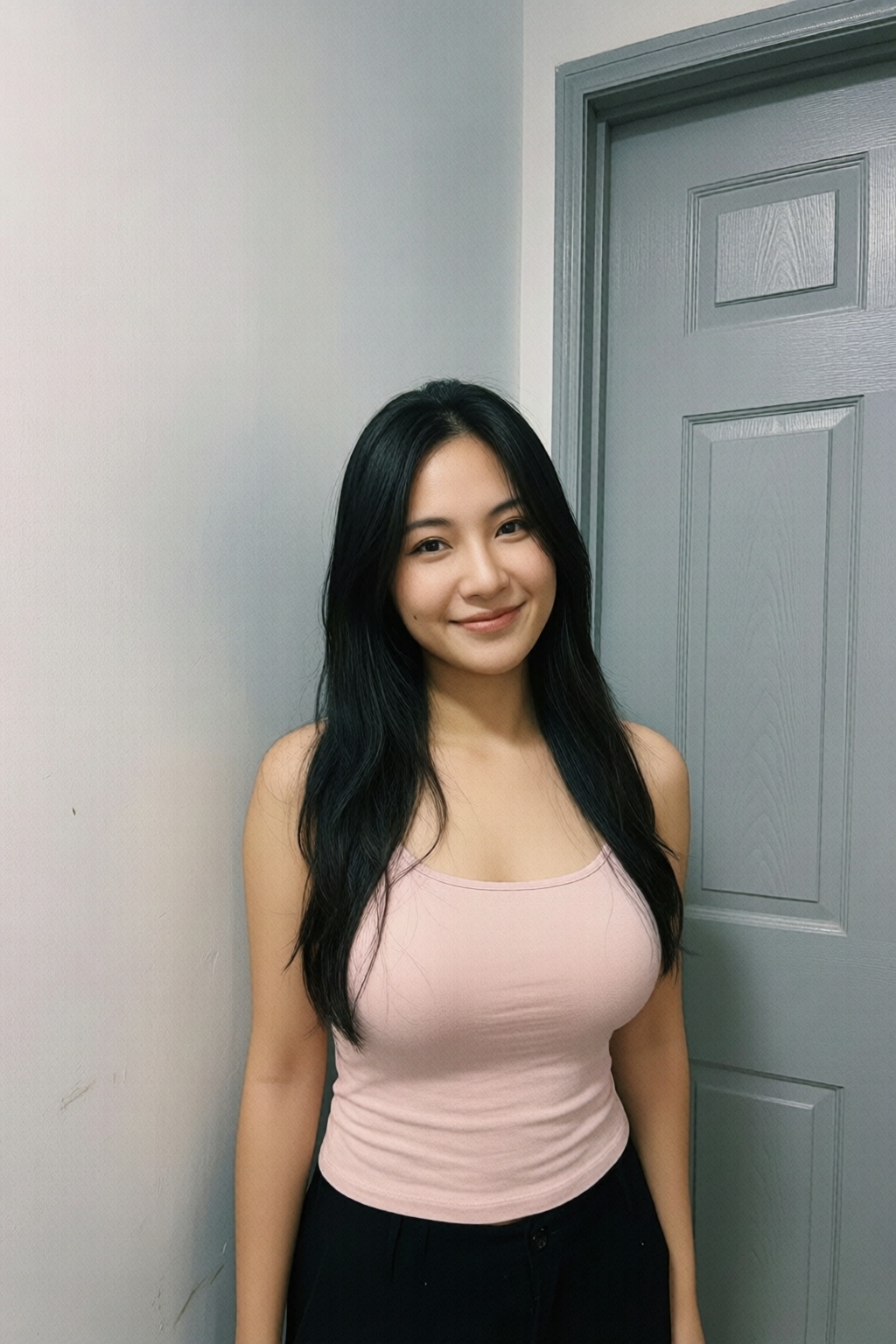 Photograph of an Asian woman with long,  straight black hair and fair skin. She has a slim physique with medium-sized brea...