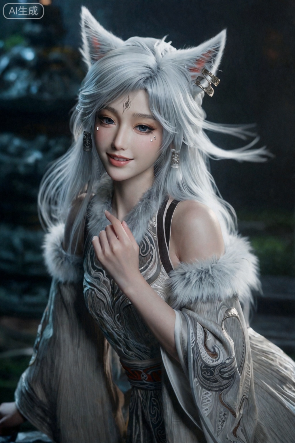 真人摄影照片, ,银白色的头发、狐狸耳朵和精致的白皙脸庞。她有一双富有表情的蓝眼睛和温柔的微笑。。,银月,
胶片摄影,对焦模糊,高曝过曝,暗调,伦勃朗光,强烈明暗对比,高反差,20 岁高颜值冷艳美人,女生有着白皙冷白皮,皮肤细腻如玉。她银灰色超长微卷发,发丝被夜风卷起,气质妖冶又孤傲。记忆点五官（眼尾朱砂痣嵌碎钻）,精致烟熏妆容,高光闪片铺陈眼窝,服饰精致繁复华丽有设计感,暗纹锦缎长裙,狐毛镶边披帛,九尾狐形金饰发簪,双环髻,额间赤金火焰额纹,碎发丝贴脸,肌理质感,情绪氛围感拉满,奇特低角度视角,胶片颗粒感,慢快门,朦胧美学,层次感,幻境青丘狐林场景,妖气氤氲,大师构图,高清人像,专业人像摄影风格,电影质感胶片,印象风格,朦胧诗意,独特颗粒感,虚焦光影斑驳。
