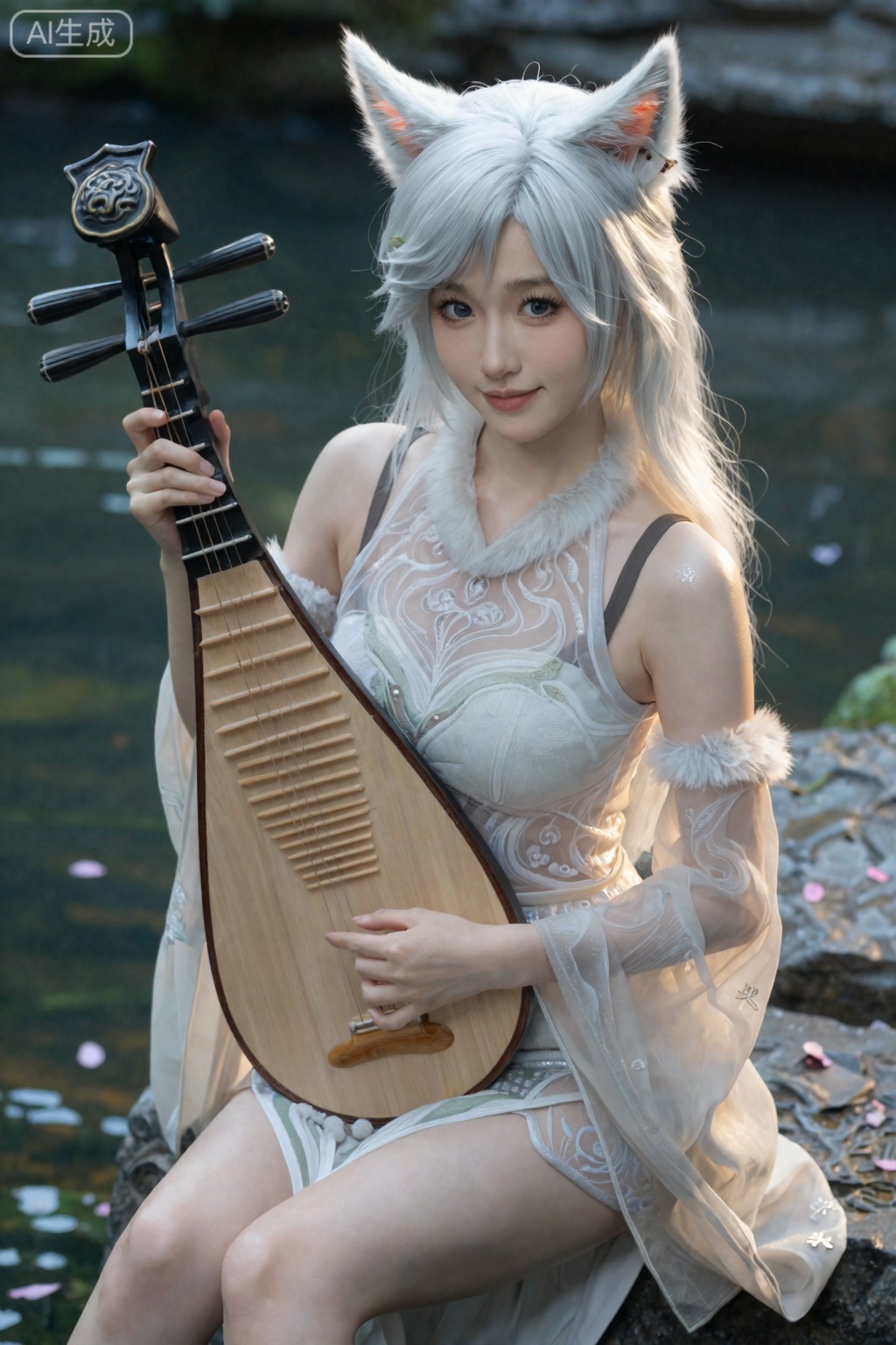 真人摄影照片, ,银白色的头发、狐狸耳朵和精致的白皙脸庞。她有一双富有表情的蓝眼睛和温柔的微笑。。,银月,
,,美颜,皮肤雪白细腻质感水润光滑年轻,去AI 感,职业微笑,,（（巨大的胸部））,看着镜头,
画面中的女性身姿曼妙,身体装饰着娇艳花朵,风格清新甜美,,植物衣服。光线为侧光,她穿着白纱透明旗袍,勾勒出人物与花朵的轮廓,增添立体感。她抱着琵琶弹奏乐器,歪坐在清澈的小溪旁,渲染精致,让每一片花瓣和发丝都栩栩如生。视角为斜侧45 度。摄影参数：快门速度1/125 秒,保证画面稳定,焦距适中突出主体。