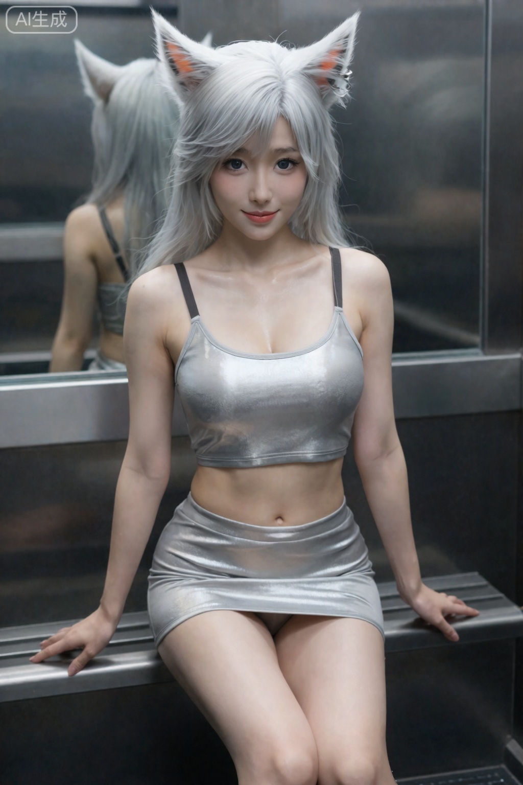 真人摄影照片,动漫人物真人化,银白色的头发、狐狸耳朵和精致的白皙脸庞。她有一双富有表情的蓝眼睛和温柔的微笑。。,银月,

电梯间镜面背景前,萝莉坐脚踩台阶露长腿,露腰金属色吊带短上衣配超短裙,露纤细腰肢,皮肤雪白细腻水润光滑,无AI 合成痕迹。完美身材曲线火辣,巨大胸部自然挺拔,职业微笑带点冷艳妖艳,眼神直视镜头。镜面反射、电梯金属纹理、衣料光泽细节清晰,灯光氛围感拉满,壁纸风构图简洁高级,性感时尚张力十足。
