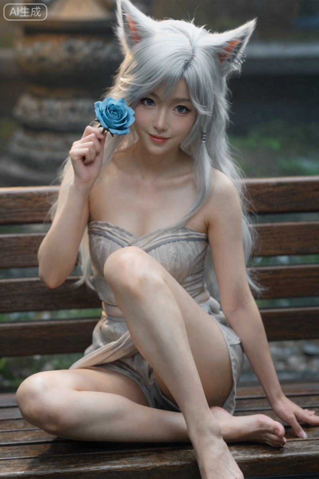 真人摄影照片,动漫人物真人化,银白色的头发、狐狸耳朵和精致的白皙脸庞。她有一双富有表情的蓝眼睛和温柔的微笑。。,银月,

超现实温暖的电影全身拍摄摄影,柯达专业波特拉160,1个女孩,looking_at_viewer,,大长腿,逼真,,照片姿势,动态姿势,,  ,良好解剖结构,真人肌肤纹理, 4K画质, 这张照片描绘了一位年轻女子坐在木凳上,手里拿着一朵蓝玫瑰。 她穿着一件无肩带连衣裙, 。。  。她用右手把花举到脸上,左臂放在身边。 图像的背景是模糊的,但它似乎是一个户外环境,可能是一个公园或花园,在阳光明媚的日子里。 这张照片的气氛浪漫而亲密,暗示着这个女人可能在庆祝一个特殊的时刻,或者只是在享受一个安静的时刻。 
