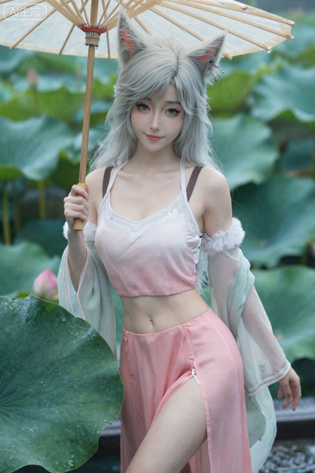 真人摄影照片, ,银白色的头发、狐狸耳朵和精致的白皙脸庞。她有一双富有表情的蓝眼睛和温柔的微笑。。,银月,
,真实照片质感,去AI 感,8K 超高清精致壁纸风。性感中式女侠穿粉白渐变纱质侠衣,外搭浅绿披帛,完美身材高挑柔美。立于荷塘边,一手执油纸伞,一手轻触荷叶,雨滴落在伞面和荷叶上,看着镜头眉眼温柔。皮肤雪白水润光滑,年轻有弹性。镜头参数：焦距60mm,光圈f/2.2,快门1/400s,ISO 100,柔光打亮,荷叶纹理、雨滴形态、纱衣通透感细节清晰,壁纸风精致感拉满。