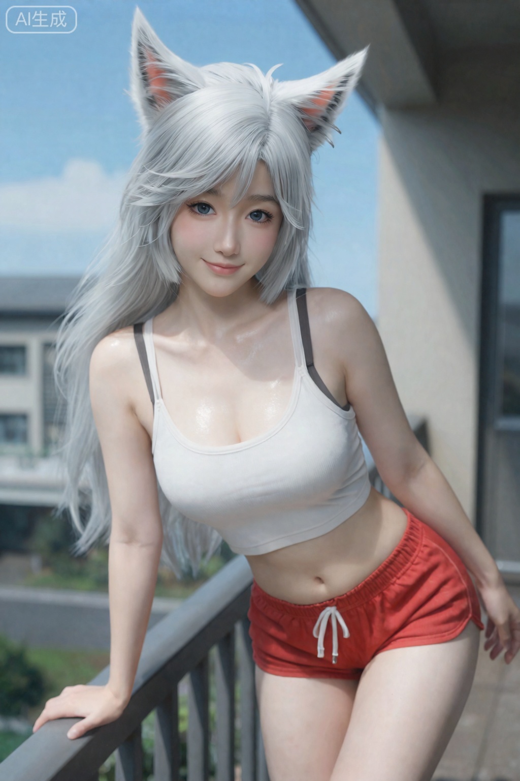 真人摄影照片,动漫人物真人化,银白色的头发、狐狸耳朵和精致的白皙脸庞。她有一双富有表情的蓝眼睛和温柔的微笑。。,银月,
 宿舍阳台,学妹穿（白色吊带露腰）+ 浅红短裤（露白皙长腿）,头发慵懒披散,皮肤雪白细腻水润无瑕疵,无AI 痕迹,直视镜头,完美身材搭配圆润胸部,单手撑阳台护栏俯身,背景蓝天+ 远处教学楼,细节,光影勾勒身材曲线,壁纸级清新画面,纯欲初恋感十足。, 