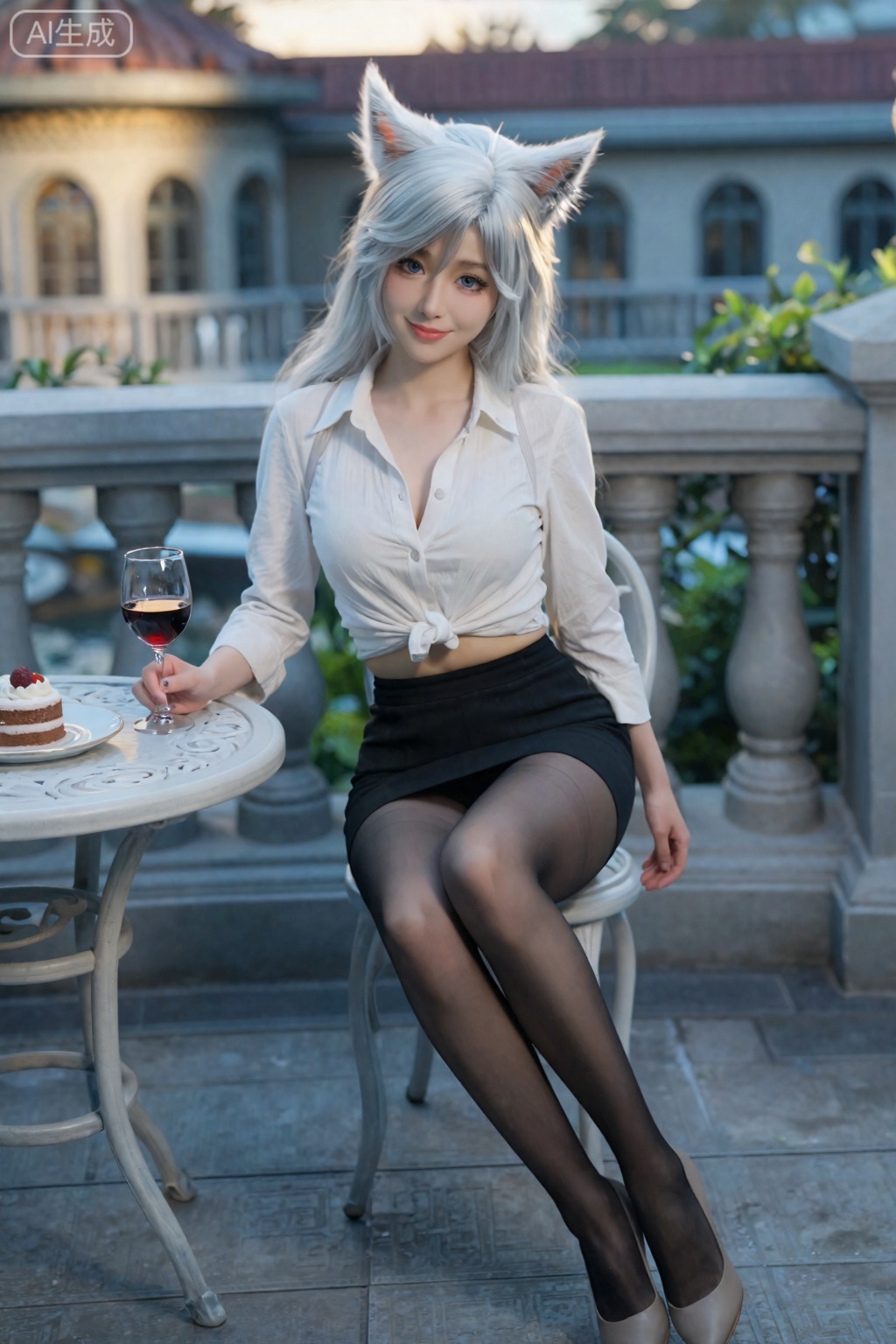 真人摄影照片, ,银白色的头发、狐狸耳朵和精致的白皙脸庞。她有一双富有表情的蓝眼睛和温柔的微笑。。,银月,
 法式露台场景,露台铺着浅灰色地砖,摆放着白色铁艺桌椅（桌上放着一杯红酒与法式甜点）,背景是法式建筑（有拱形窗户、红色屋顶）,露台边缘有白色栏杆（爬着绿色藤蔓）,整体氛围法式浪漫,充满优雅气息。
 美女坐在铁艺椅子上,上半身前倾看向镜头,嘴角露出优雅微笑,眼神温柔知性,一手搭在桌沿（指尖轻触红酒杯）,一手自然放在腿上,露腰短款法式衬衫（白色,解开两颗纽扣,下摆打结）凸显腰线,搭配黑色高腰半身短裙、黑色超薄黑丝与米色细跟高跟鞋,腿部交叉摆放展现完美腿型,胸部线条饱满自然,姿态优雅不僵硬。
 富士X-T5 相机,33mm F1.4 定焦镜头,光圈F2.2,快门速度1/180s,ISO160,白平衡5300K,胶片模拟模式设为“Eterna”,RAW 格式,保证法式甜点、衬衫面料细节清晰,皮肤质感细腻,去AI 感。
 下午3 点柔和侧光（阳光从左侧照射）,在人物面部形成轻微明暗对比,右侧用白色反光板补暗部,皮肤呈现雪白细腻的通透感,衬衫褶皱处光影过渡自然,藤蔓叶片光影清晰,增强法式浪漫感。
 ,采用三分法构图,人物位于左侧三分之二区域,头部靠近画面上方,腿部延伸至右下角,背景法式建筑适当虚化（虚化程度50%）保留轮廓,桌上红酒杯、甜点细节清晰,整体画面平衡且具法式优雅感,适合壁纸使用, 。
