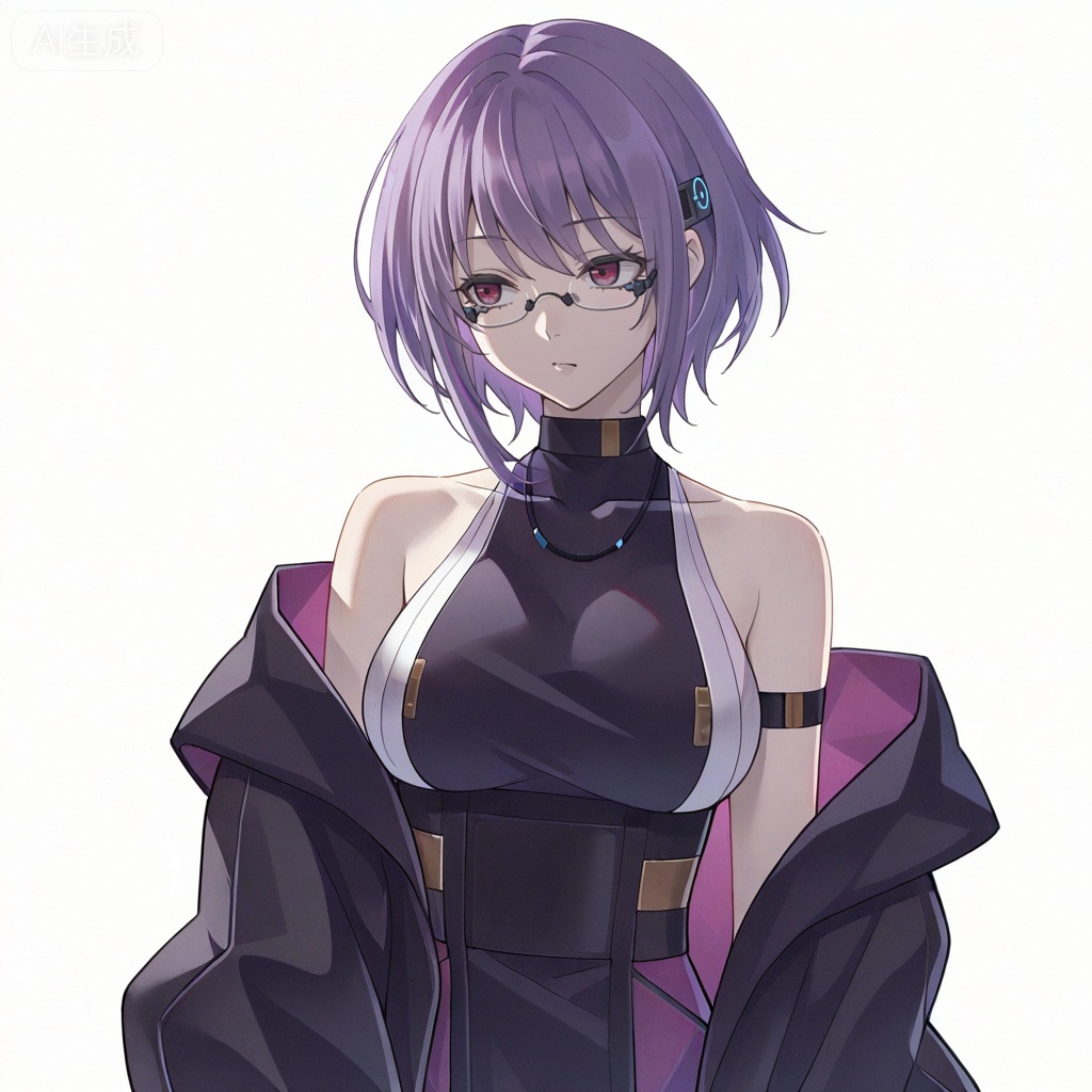 masterpiece, best quality,solo,white background,simple_background,Yuutenji Nyamu,cybersaki_style,short hair,purple eyes,red eyes,bangs,purple hair,breasts,hair ornament,glasses,jacket,bare shoulders,dress,off shoulder,open jacket,black jacket,sleeveless dress