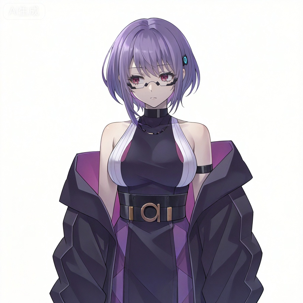 masterpiece, best quality,solo,white background,simple_background,Yuutenji Nyamu,cybersaki_style,short hair,purple eyes,red eyes,bangs,purple hair,breasts,hair ornament,glasses,jacket,bare shoulders,dress,off shoulder,open jacket,black jacket,sleeveless dress