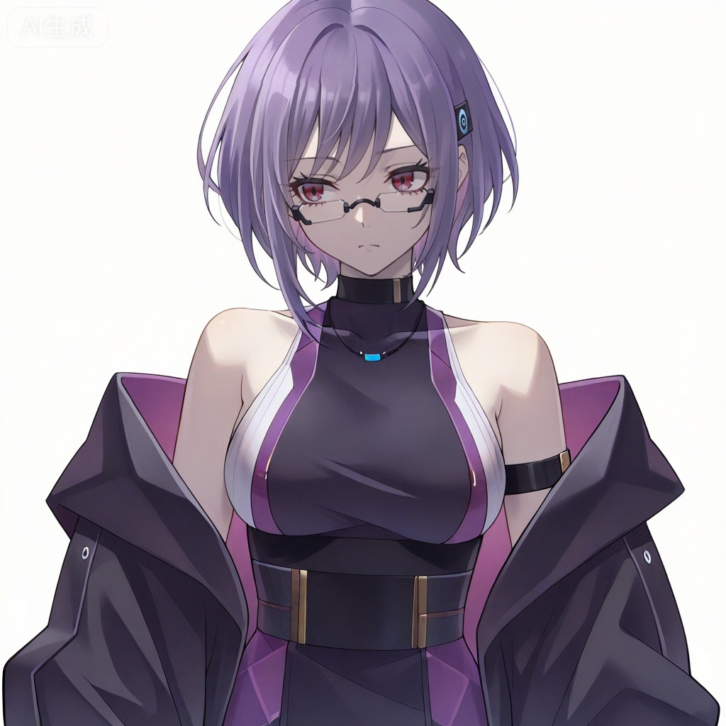 masterpiece, best quality,solo,white background,simple_background,Yuutenji Nyamu,cybersaki_style,short hair,purple eyes,red eyes,bangs,purple hair,breasts,hair ornament,glasses,jacket,bare shoulders,dress,off shoulder,open jacket,black jacket,sleeveless dress