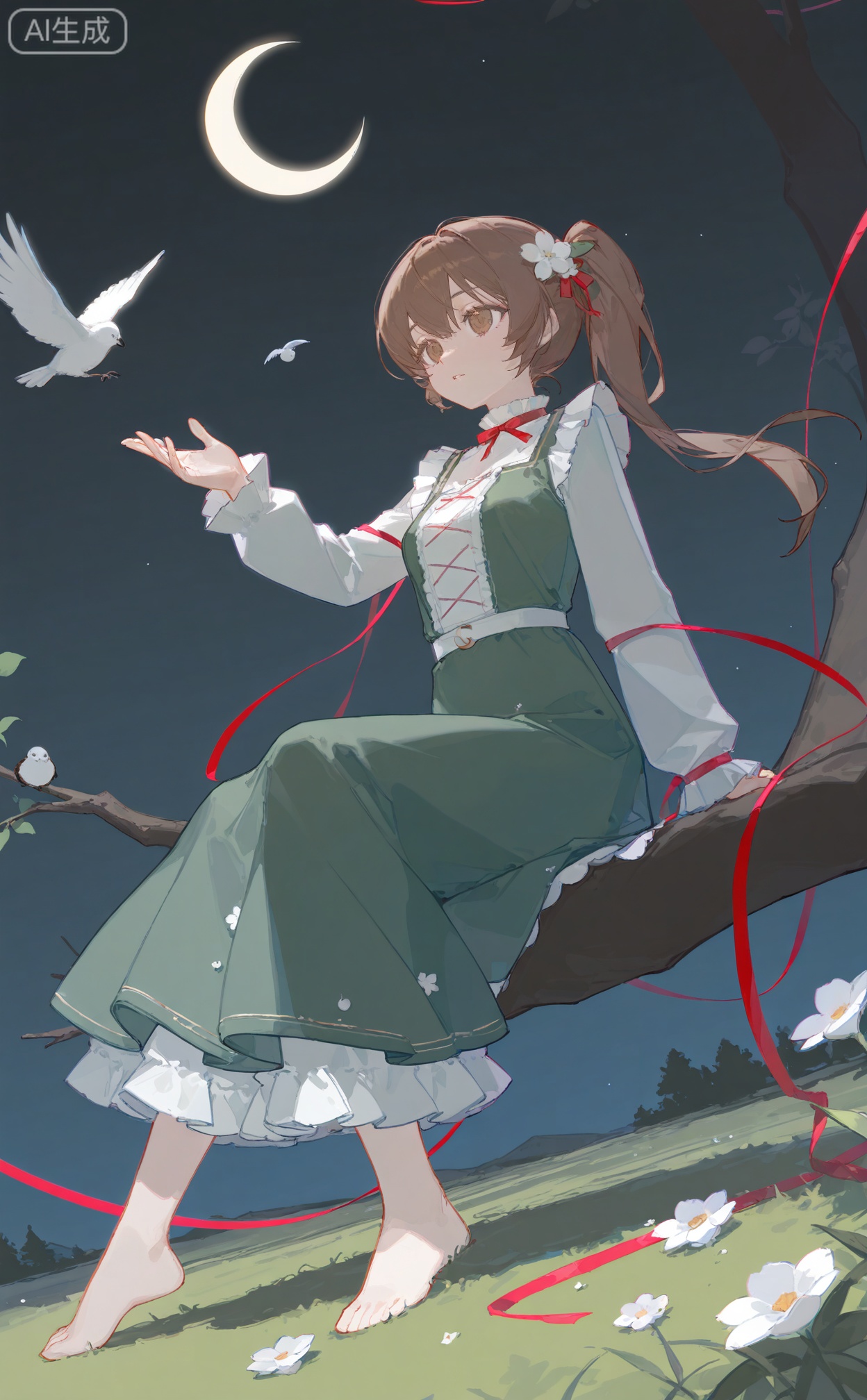 masterpiece,highres,absurdres,newest,best quality,high quality,chromatic_aberration,shiny_skin,dynamic pose,dynamic angle,00ilxl10,
//,
1girl, solo, long hair, brown hair, hair ornament, long sleeves, dress, ribbon, brown eyes, sitting, full body, flower, frills, barefoot, hair flower, red ribbon, tree, bird, leaf, moon, grass, white flower, crescent, green dress, branch, crescent moon,
//,
(ciloranko:0.9),(wanke:0.5),(umehara_sei:1.2),(shiina_1001:0.8),(chiu538:0.7),(sakura_(39ra):0.6),(qizhu:0.88),(mikisai:0.5),