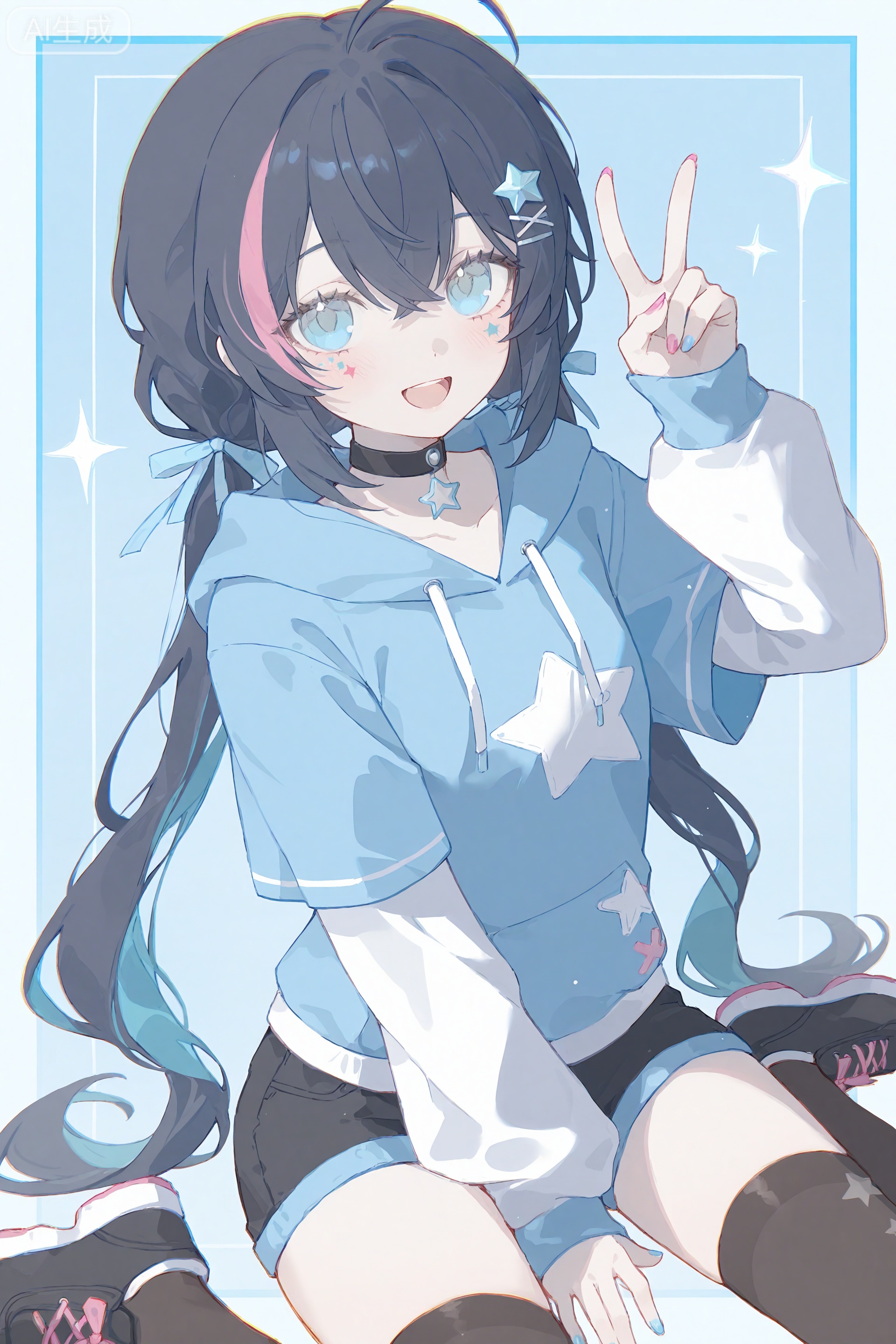 masterpiece,very aware,highres,absurdres,newest,best quality,high quality,petite,chromatic_aberration,lens_flare,dynamic_angle,cinematic_angle,//,00ilxl10,artist:konya_karasue,//, 1girl, solo, blue eyes, thighhighs, twintails, smile, looking at viewer, long hair, black thighhighs, long sleeves, choker, multicolored hair, sitting, open mouth, nail polish, star (symbol), bangs, shoes, black hair, wariza, ahoge, black choker, blue hair, hand between legs, shorts, multicolored clothes, pink hair, jacket, hair between eyes, low twintails, v, between legs, blush, black footwear, blue nails, hand up, blue jacket, sneakers, hood, :d, hoodie, border, ribbon, puffy sleeves, puffy long sleeves, black shorts, streaked hair, multicolored jacket, hair ribbon, layered sleeves, pink nails, blue border, hood down, virtual youtuber, blue hoodie, w, blue background, facial mark, drawstring, two-tone hair, short over long sleeves, short shorts, hair ornament, eyelashes, framed, crossed bangs, very long hair, facial tattoo, multicolored nails, outside border, sidelocks, short sleeves, sparkle, shirt,