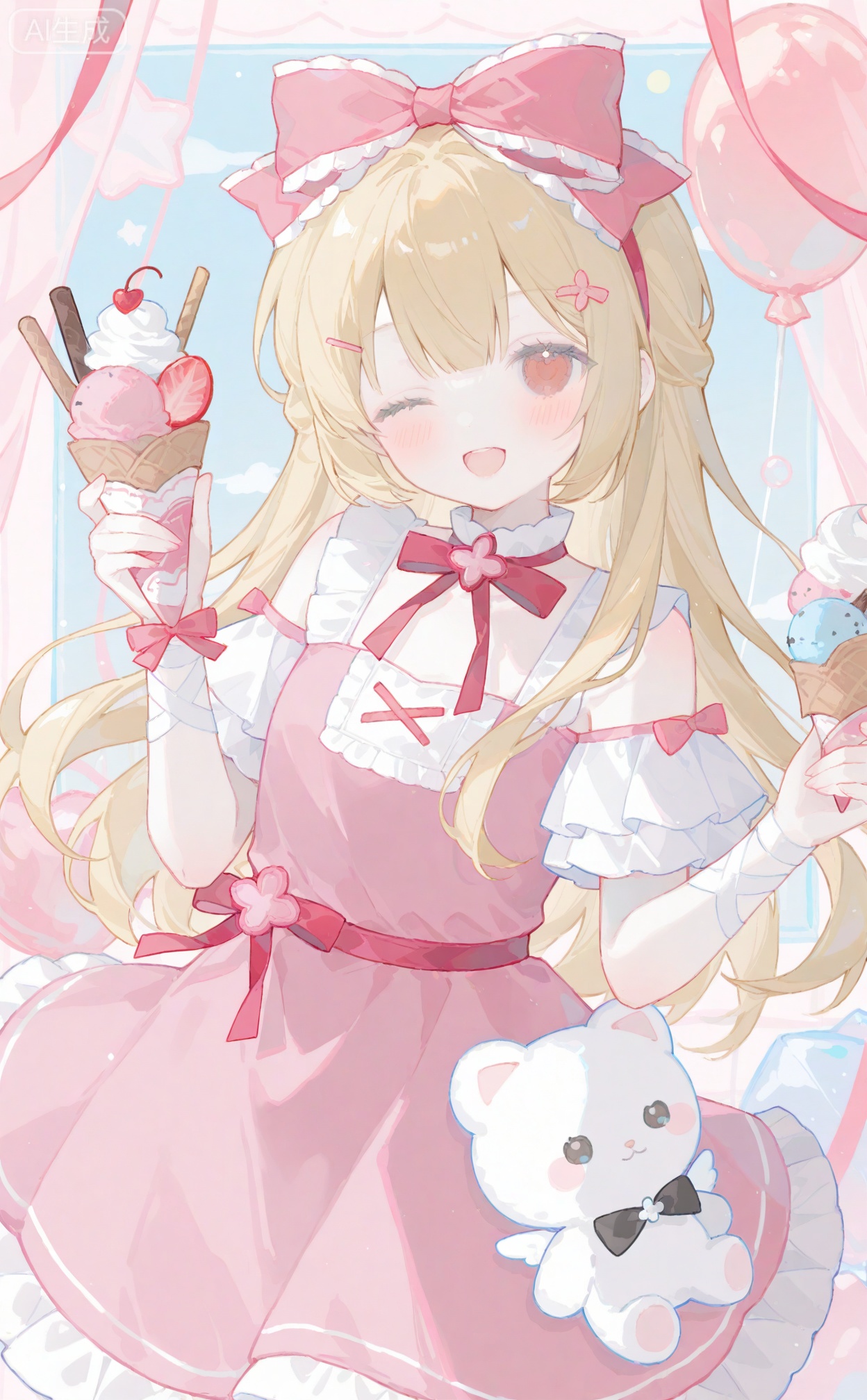 00ilxl10, 1girl, solo, long hair, looking at viewer, blush, smile, open mouth, blonde hair, hair ornament, red eyes, dress, bow, ribbon, flower, hair bow, frills, one eye closed, food, stuffed toy, frilled dress, ;d, candy, pink dress, ice cream, ice cream cone, too many