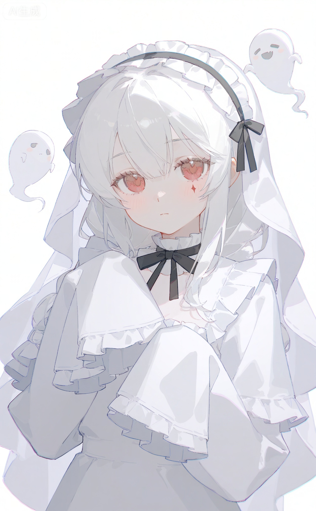 masterpiece,highres,absurdres,newest,best quality,high quality,chromatic_aberration,shiny_skin,00ilxl10,
//,
1girl, red eyes, long hair, solo, looking at viewer, sleeves past wrists, dress, white dress, veil, white hair, long sleeves, sleeves past fingers, white theme, upper body, ghost costume, facial mark, closed mouth, black ribbon, blush, hair between eyes, frills, expressionless, white background, ghost, frilled sleeves, sidelocks, hands up, simple background, grey theme, ribbon
//,
(ciloranko:0.9),(wanke:0.5),(umehara_sei:1.2),(shiina_1001:0.8),(chiu538:0.7),(sakura_(39ra):0.6),(qizhu:0.88),(mikisai:0.5),